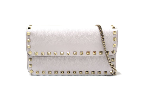 Authentic Valentino Garavani Rockstud White Grainy Calfskin Leather Wallet with Chain