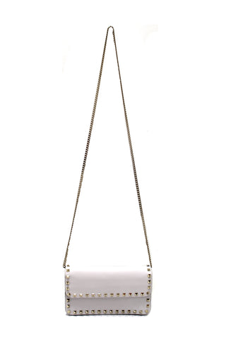 Authentic Valentino Garavani Rockstud White Grainy Calfskin Leather Wallet with Chain