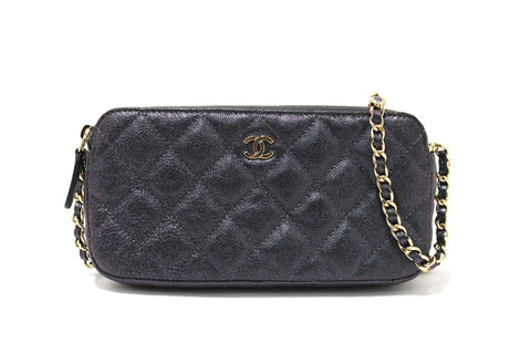 Authentic Chanel Quilted Black Iridescent Caviar Double Zip Wallet On Chain