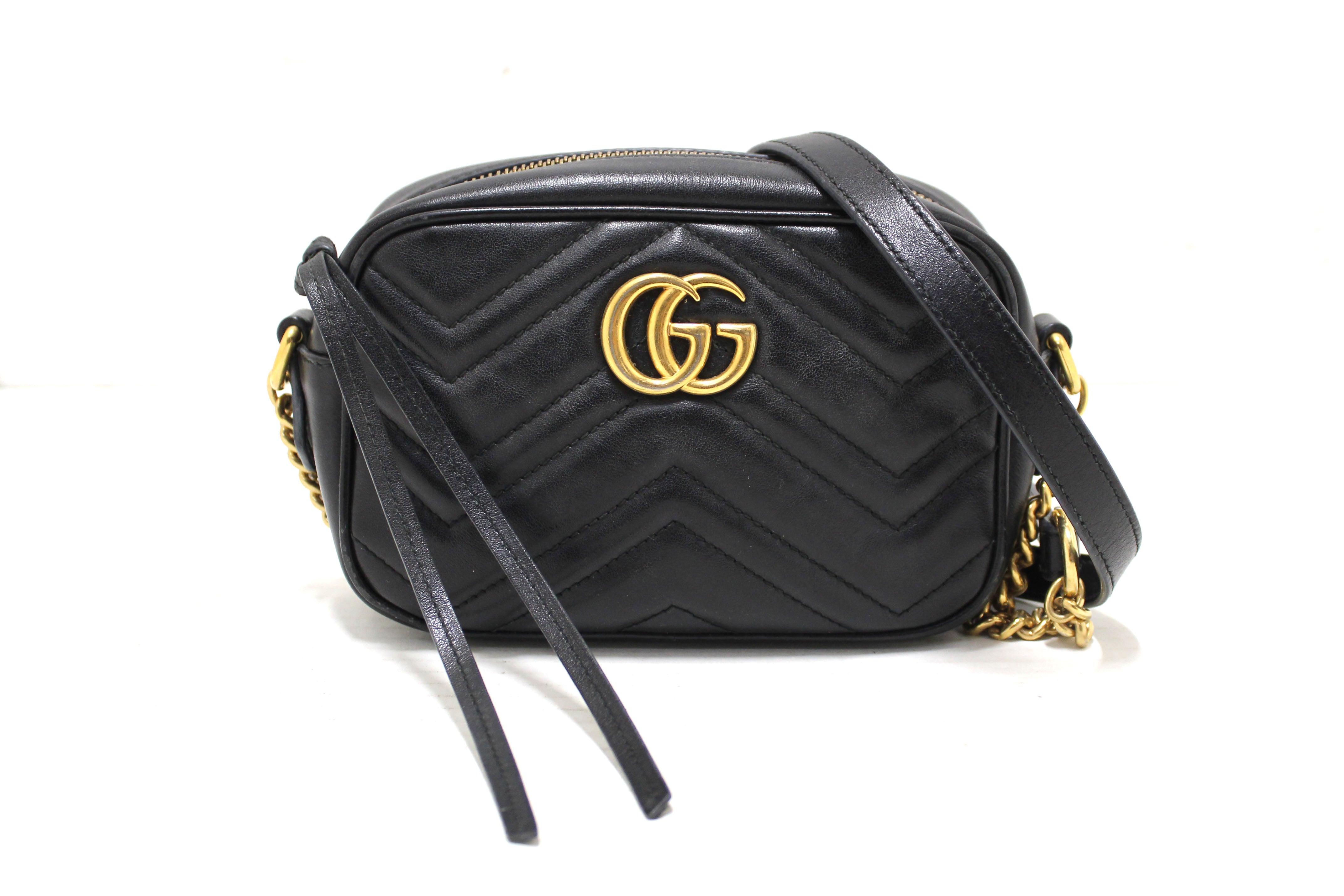 Authentic Gucci Black Matelassé Chevron Leather GG Marmont Mini Shoulder Bag