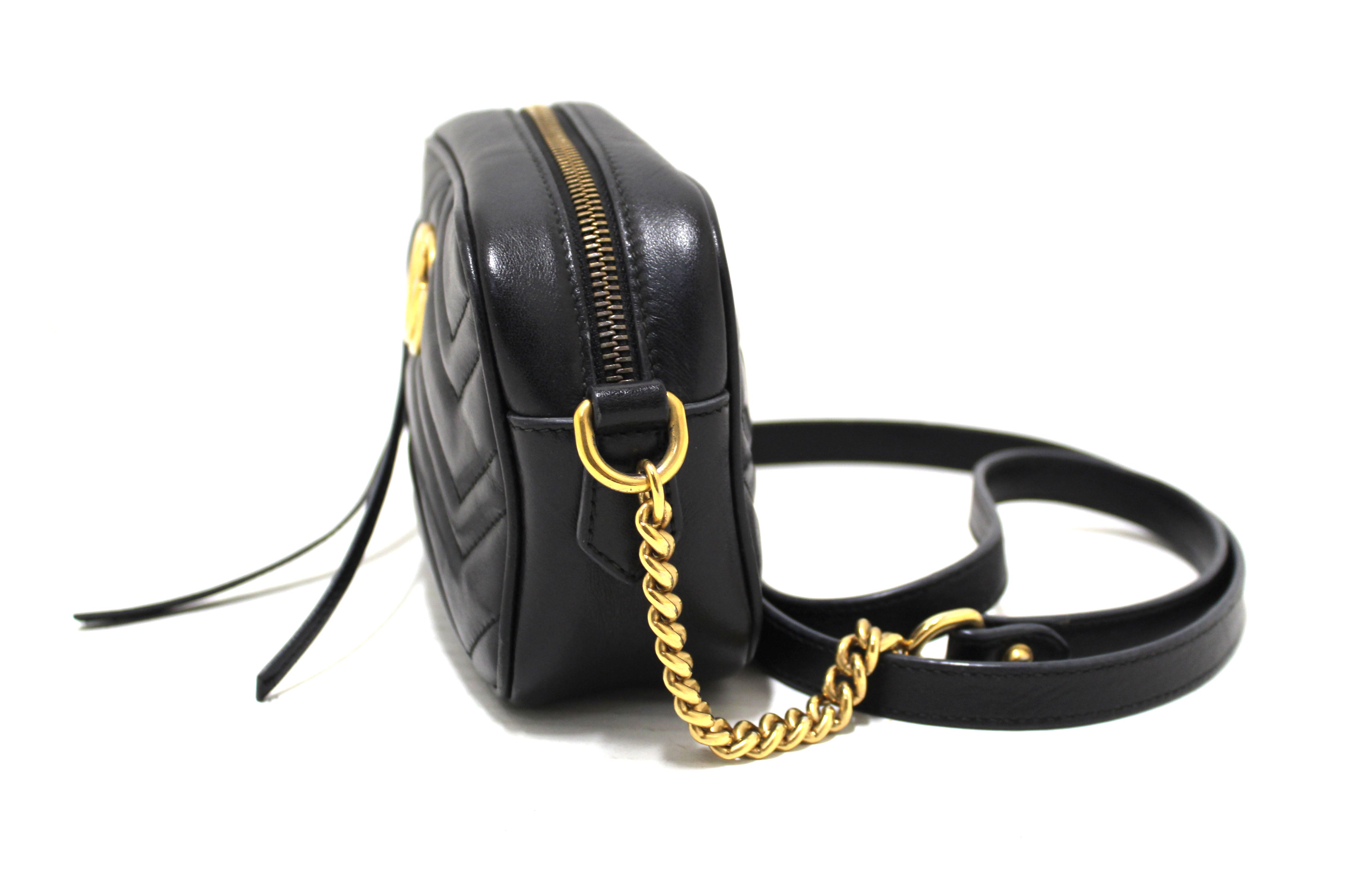 Authentic Gucci Black Matelassé Chevron Leather GG Marmont Mini Shoulder Bag