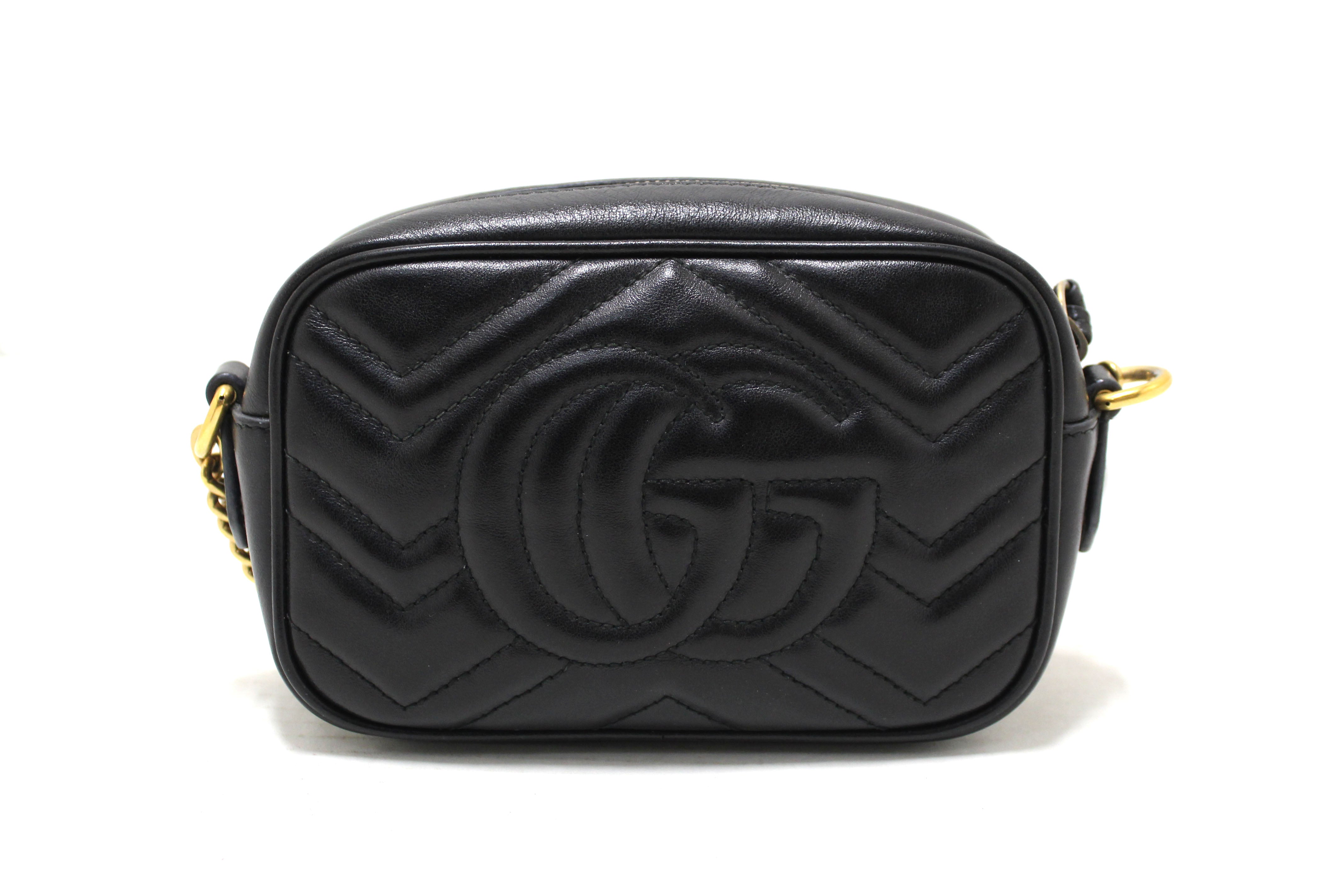 Authentic Gucci Black Matelassé Chevron Leather GG Marmont Mini Shoulder Bag