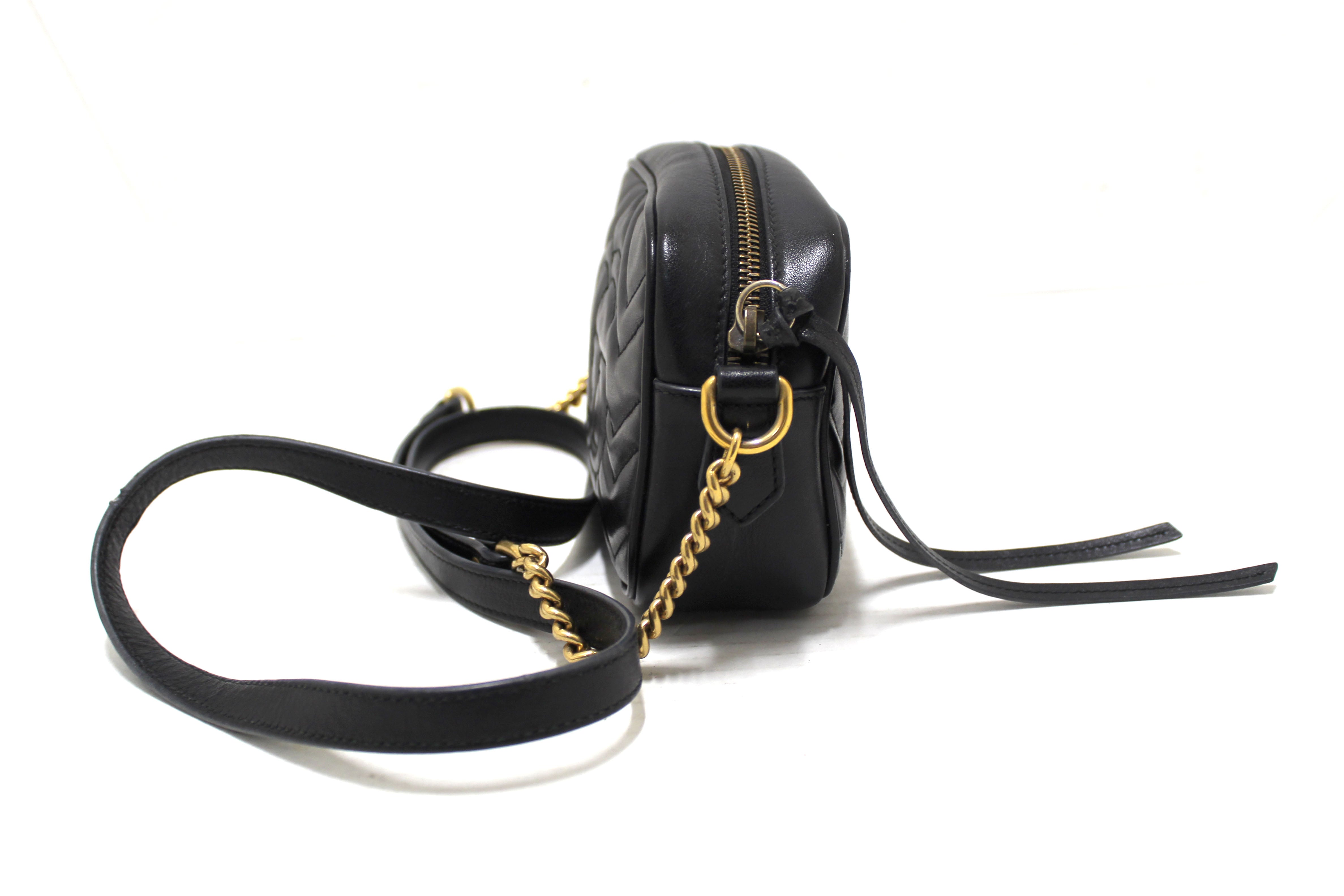 Authentic Gucci Black Matelassé Chevron Leather GG Marmont Mini Shoulder Bag