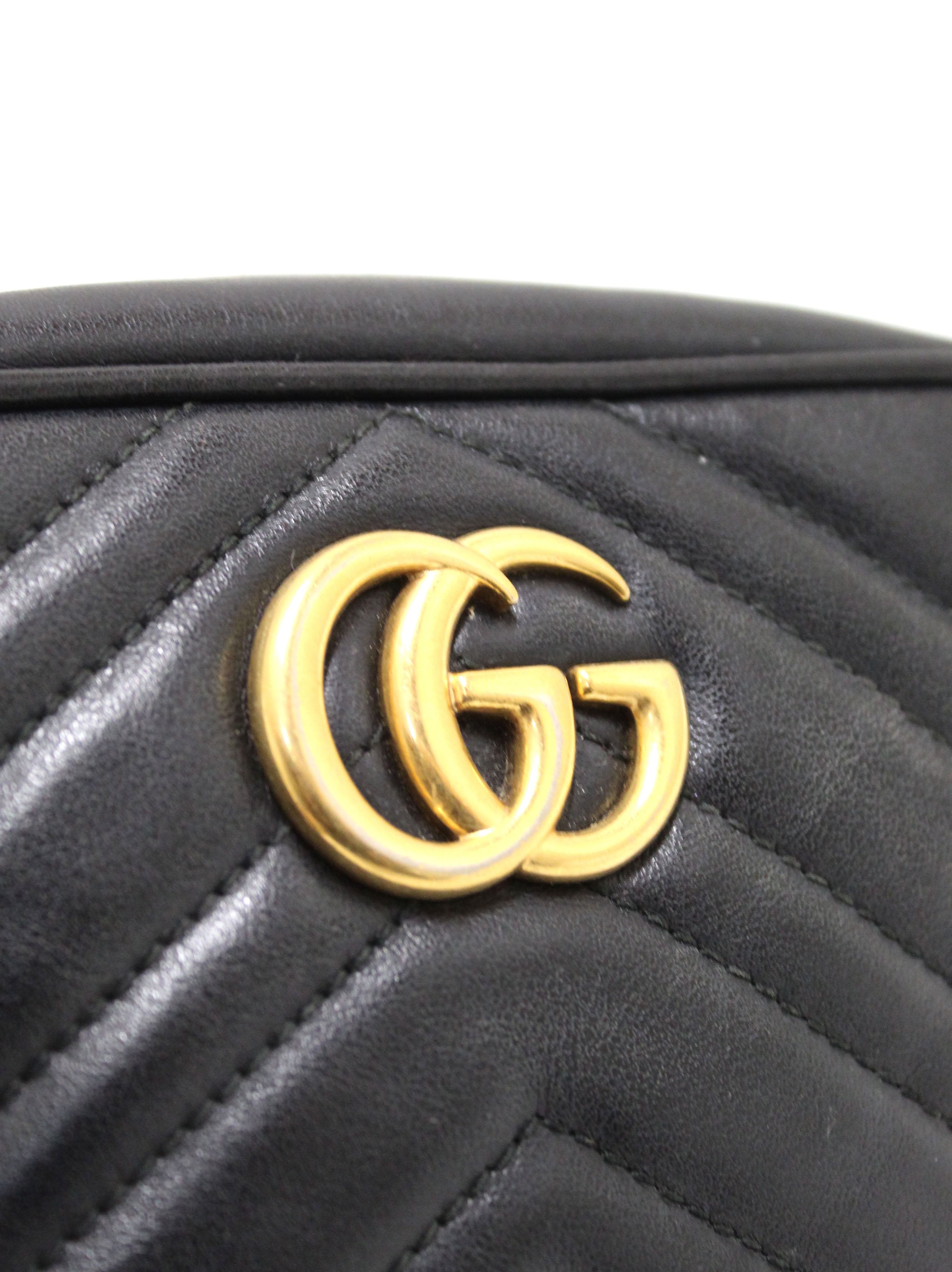 Authentic Gucci Black Matelassé Chevron Leather GG Marmont Mini Shoulder Bag
