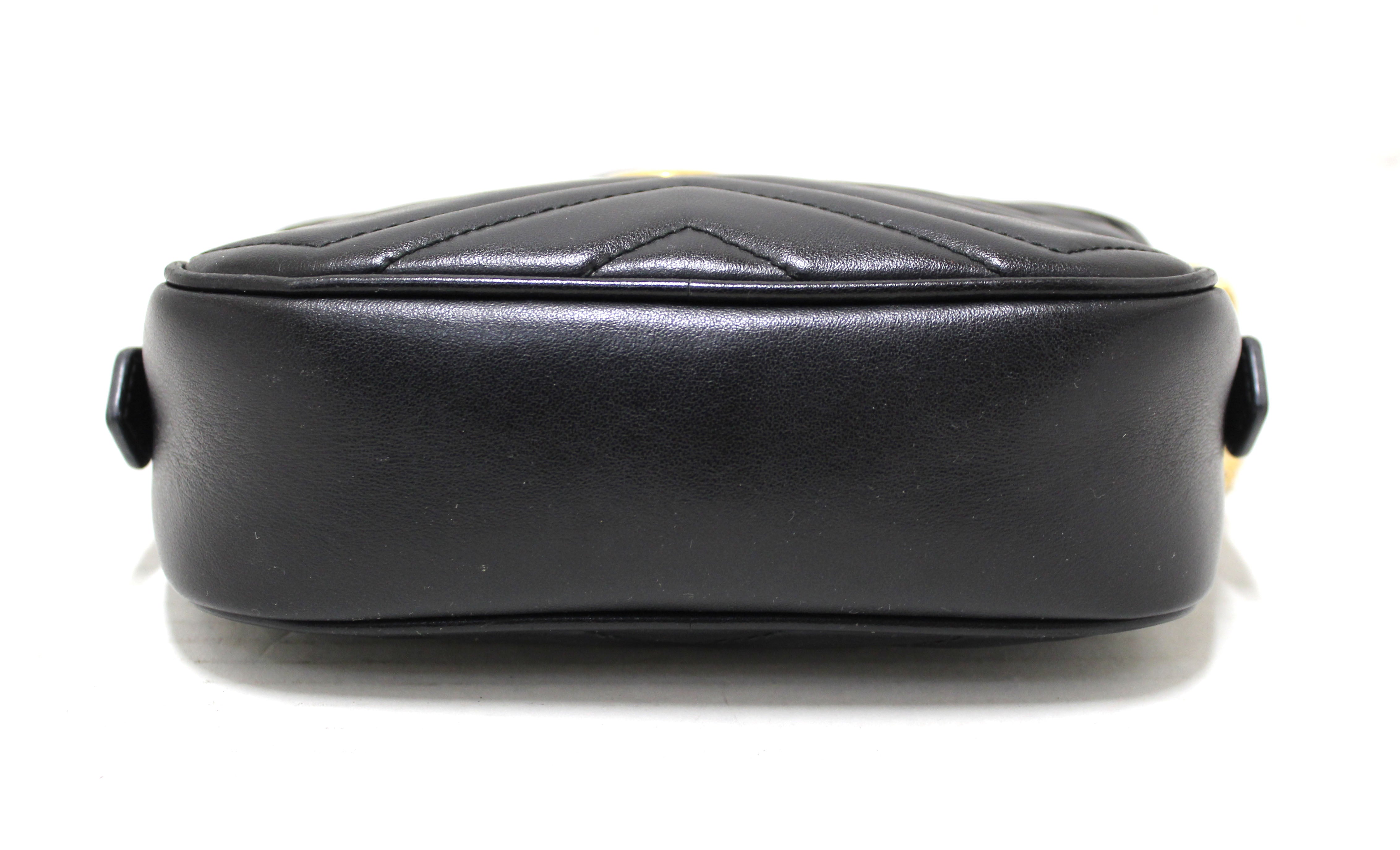 Authentic Gucci Black Matelassé Chevron Leather GG Marmont Mini Shoulder Bag