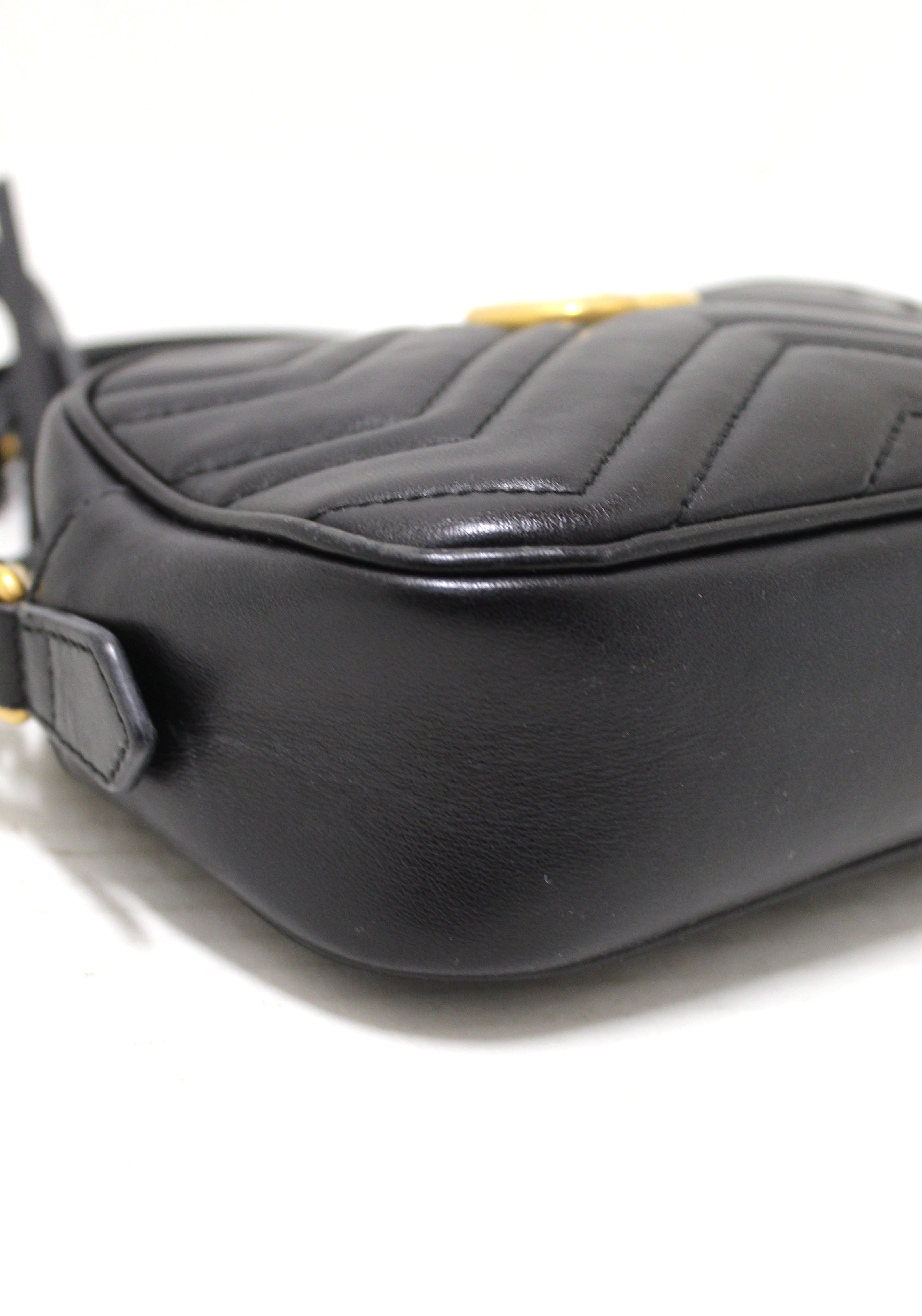 Authentic Gucci Black Matelassé Chevron Leather GG Marmont Mini Shoulder Bag