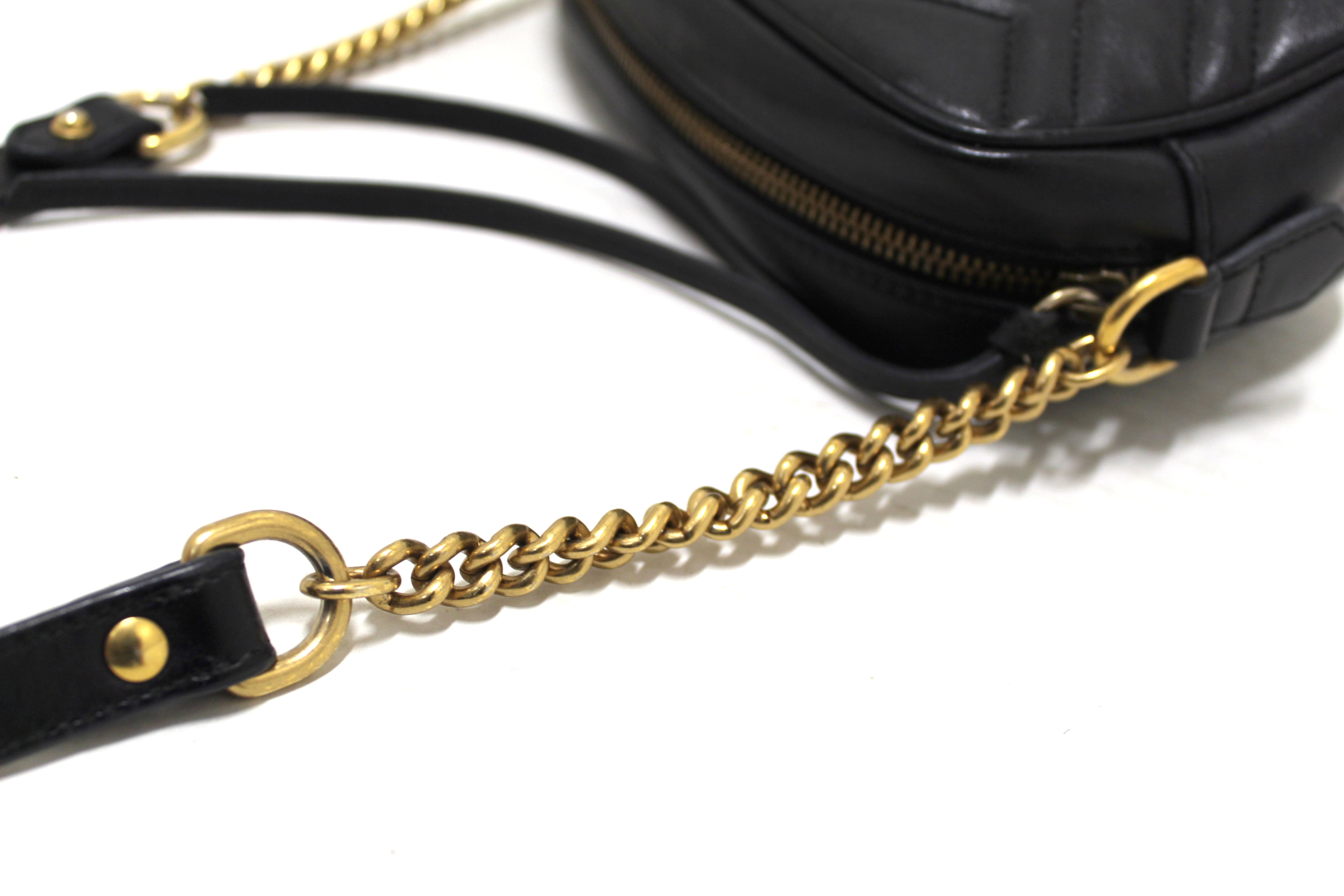 Authentic Gucci Black Matelassé Chevron Leather GG Marmont Mini Shoulder Bag