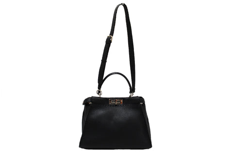 Authentic Fendi Black Cuoio Romano Leather Selleria Medium Peekaboo Iconic Satchel Bag