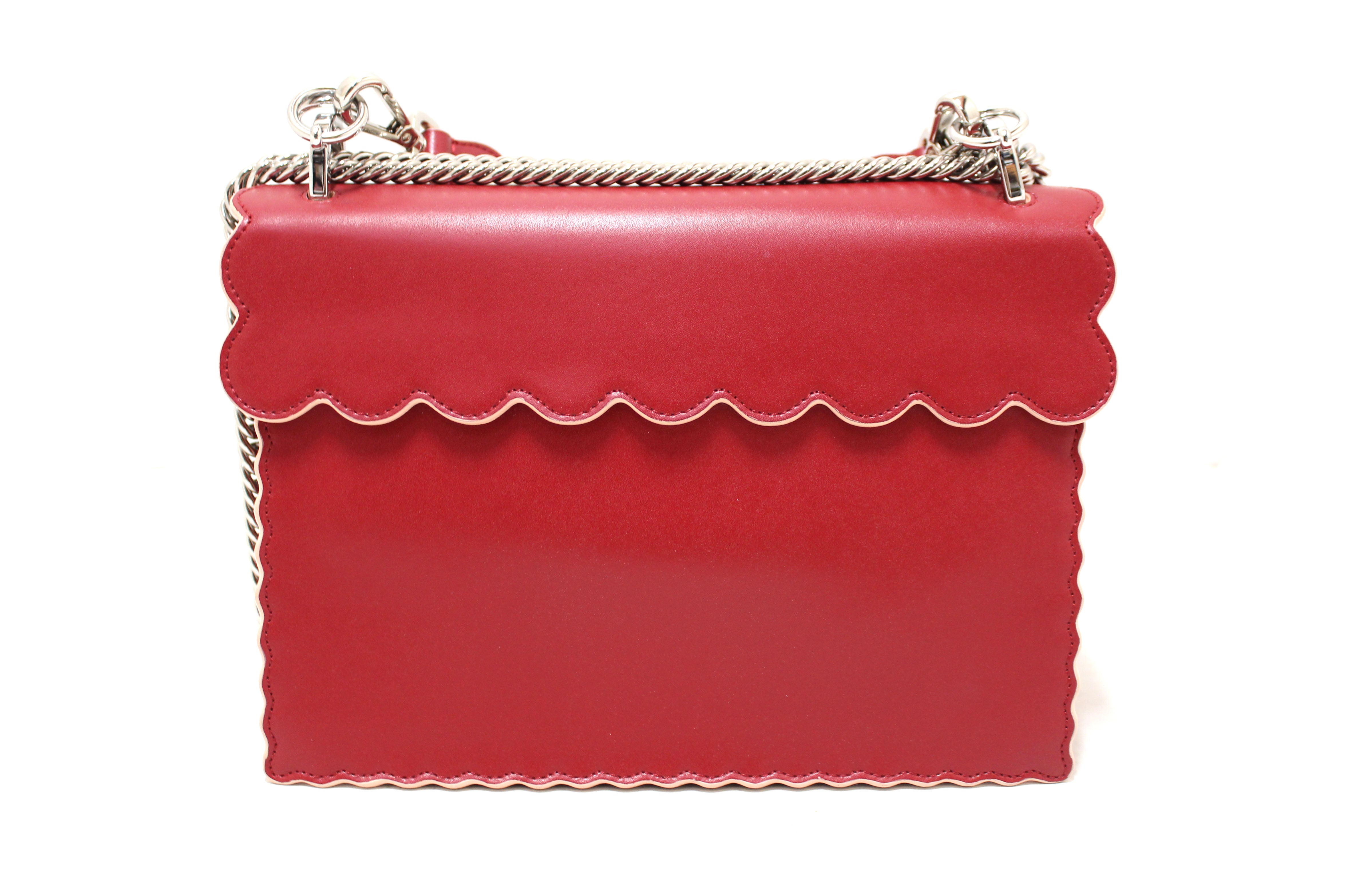 Authentic Fendi Red Scallop Leather Mini I Kan Chain Shoulder Bag