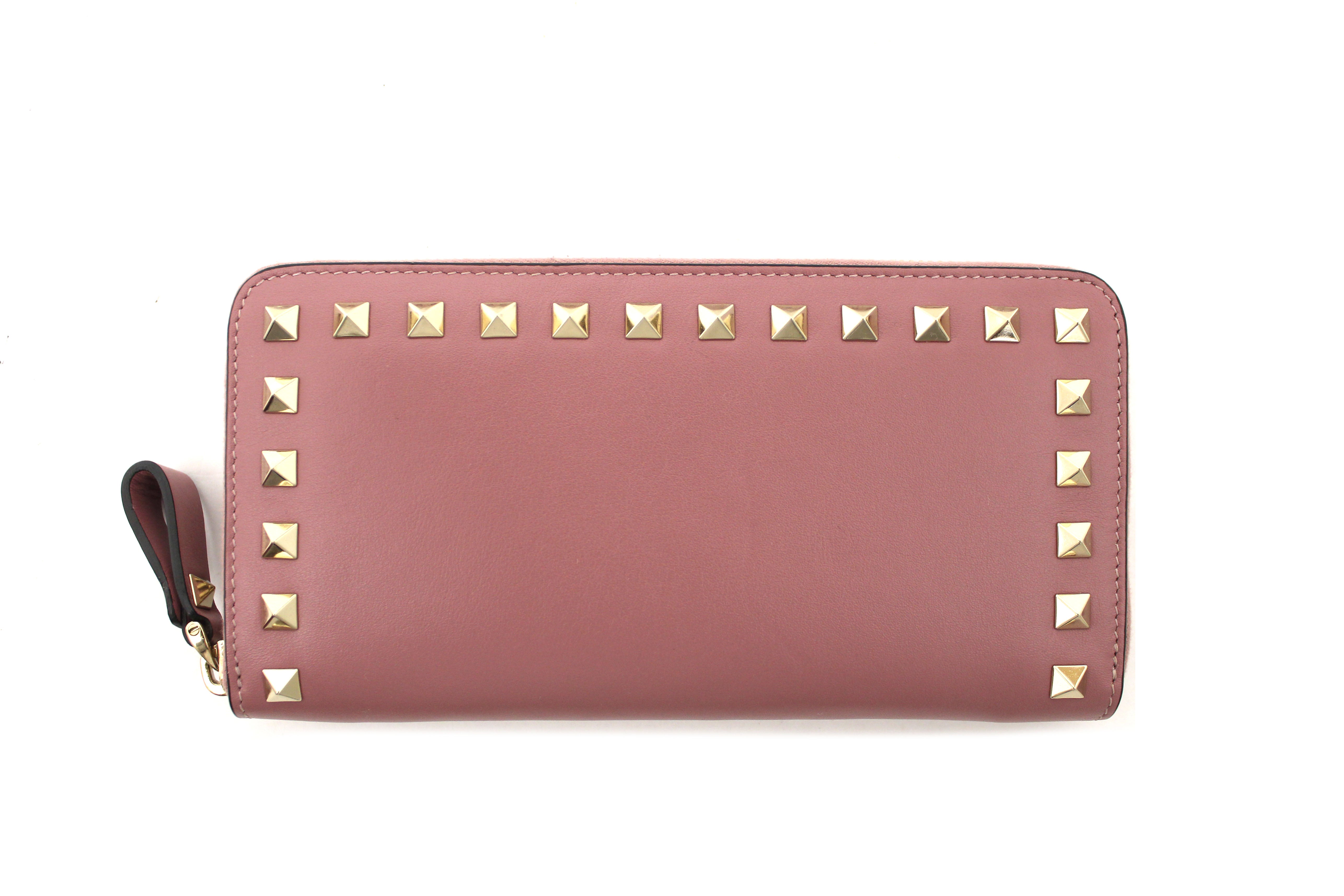 Authentic Valentino Garavani Rose Calfskin Rockstud Zippered Long Wallet