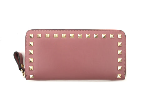 Authentic Valentino Garavani Rose Calfskin Rockstud Zippered Long Wallet