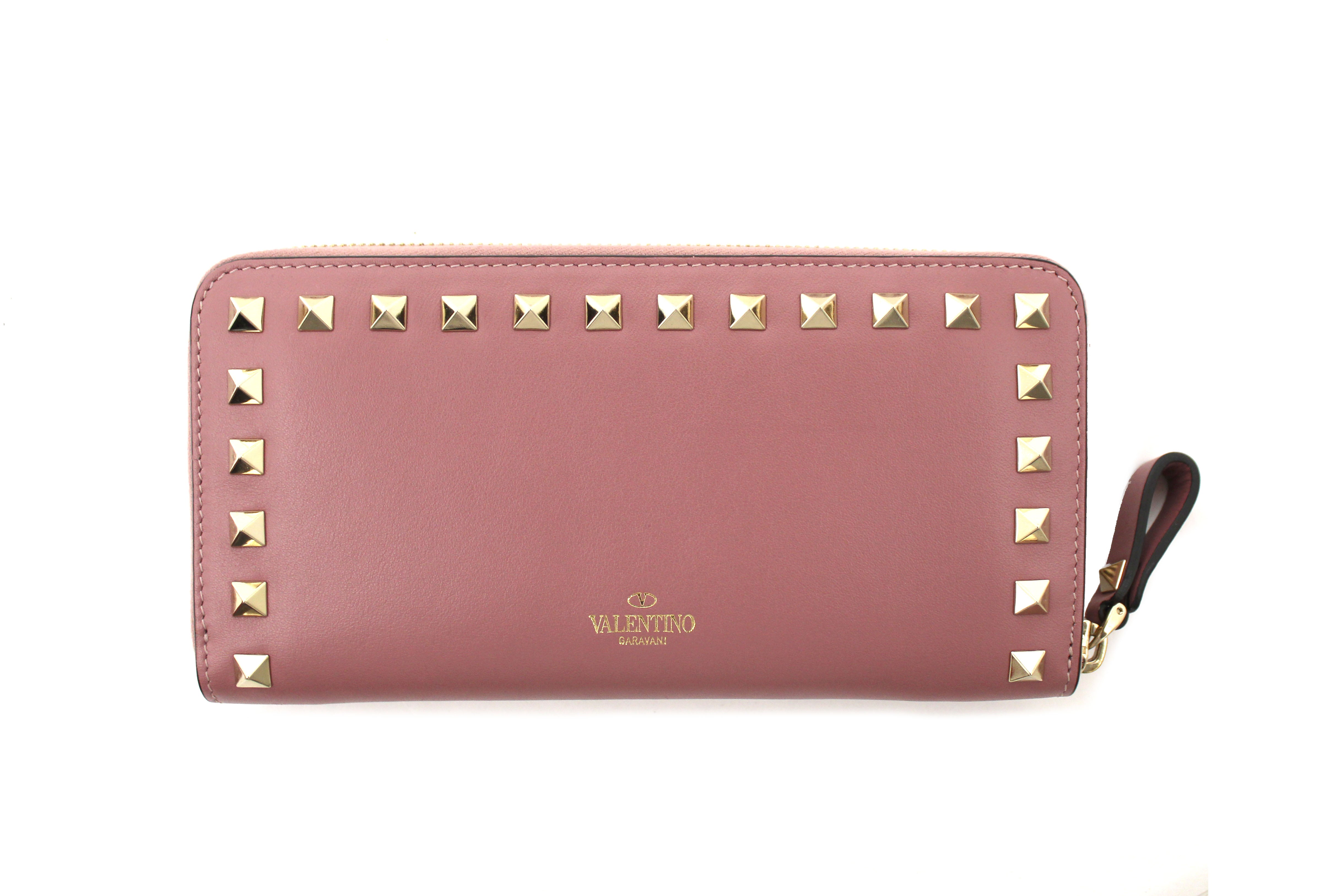 Authentic Valentino Garavani Rose Calfskin Rockstud Zippered Long Wallet