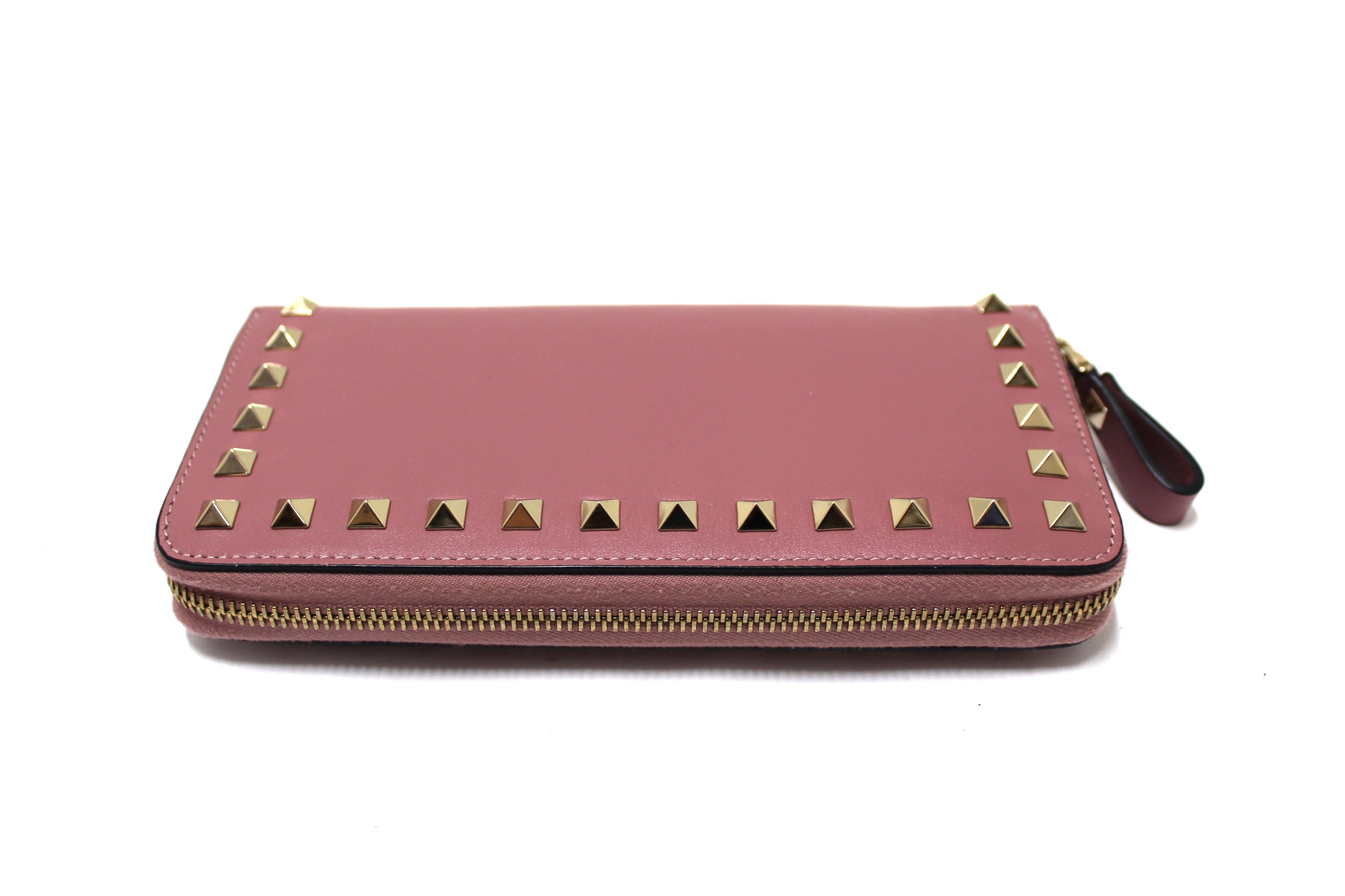 Authentic Valentino Garavani Rose Calfskin Rockstud Zippered Long Wallet