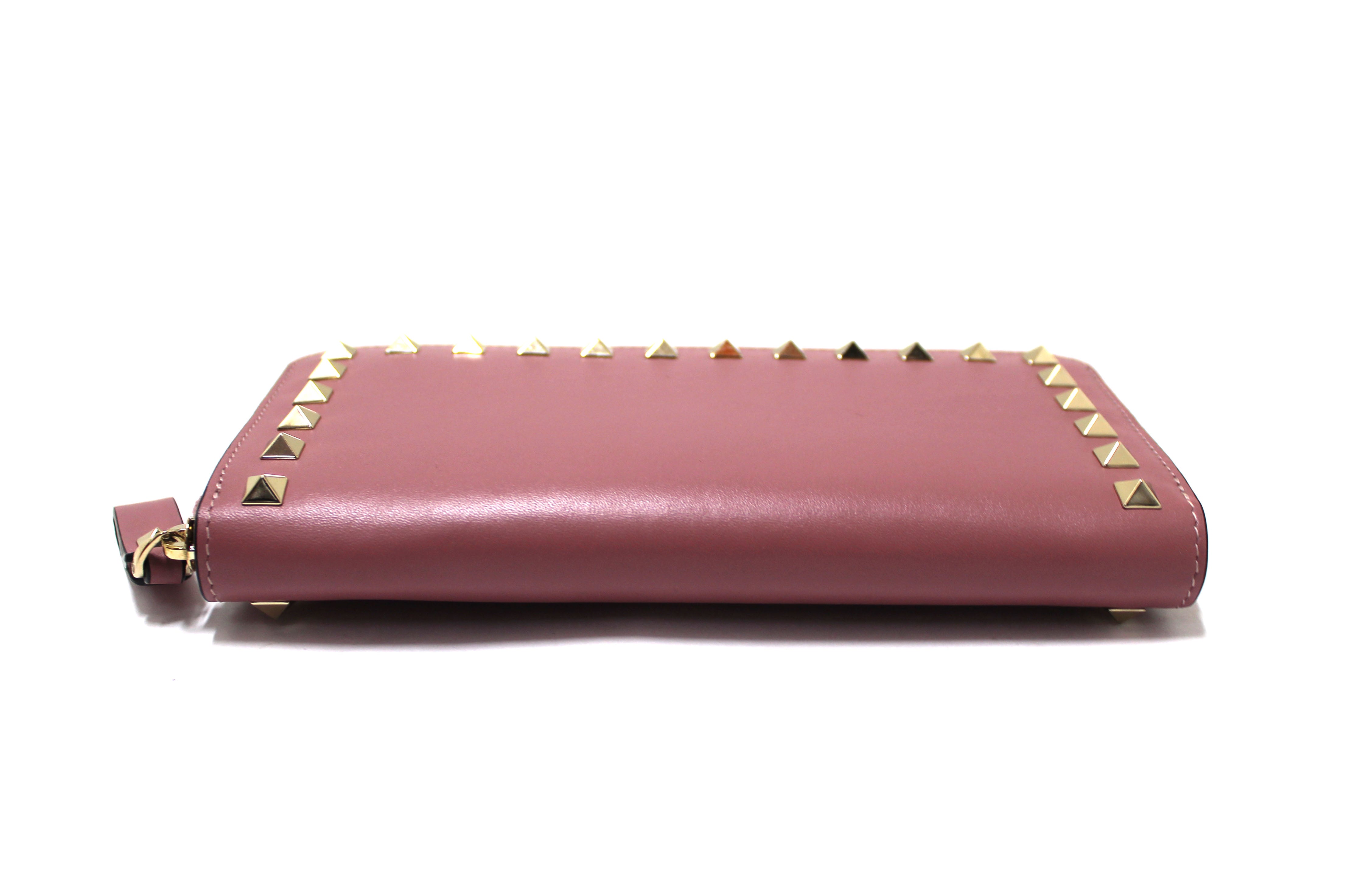Authentic Valentino Garavani Rose Calfskin Rockstud Zippered Long Wallet