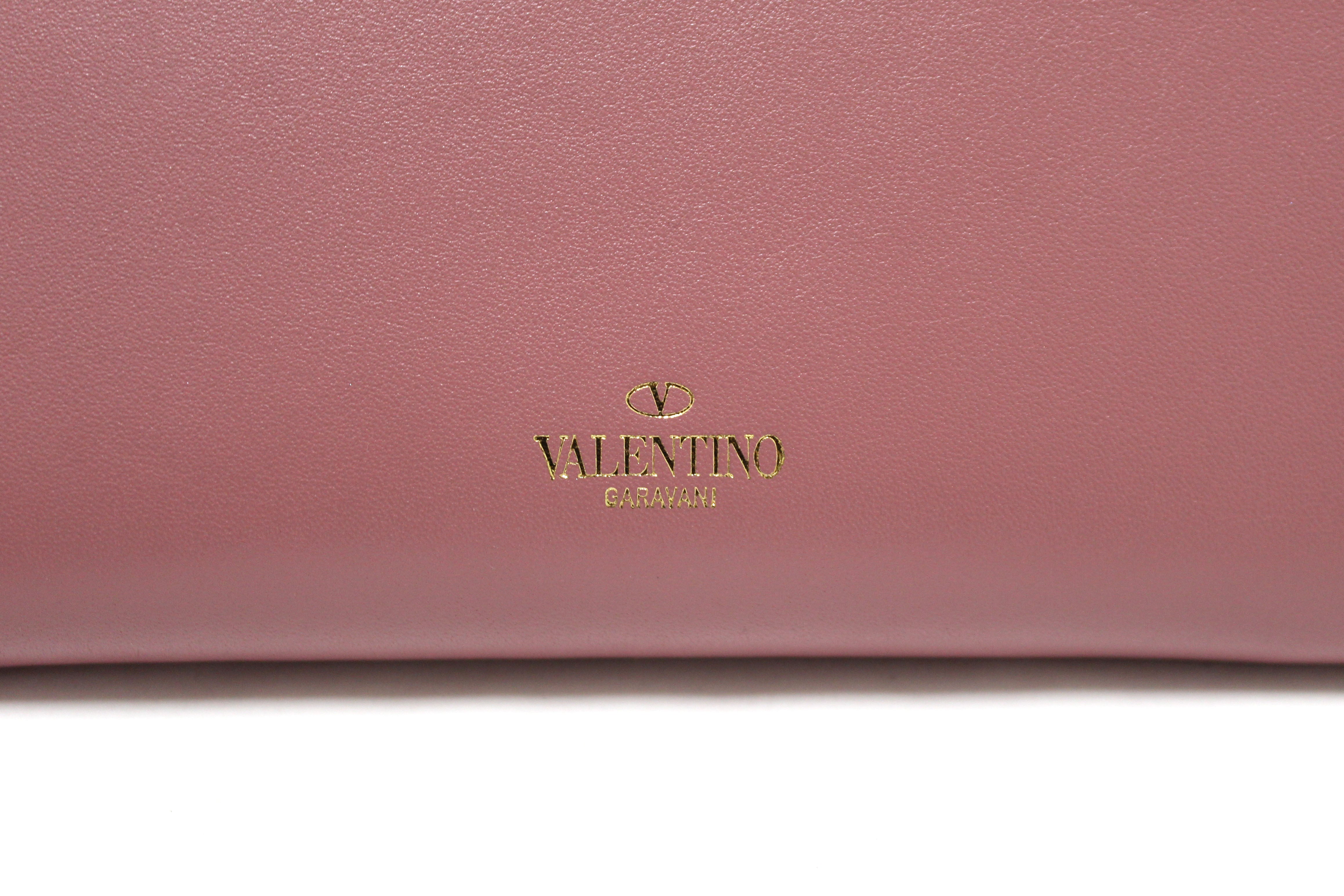Authentic Valentino Garavani Rose Calfskin Rockstud Zippered Long Wallet