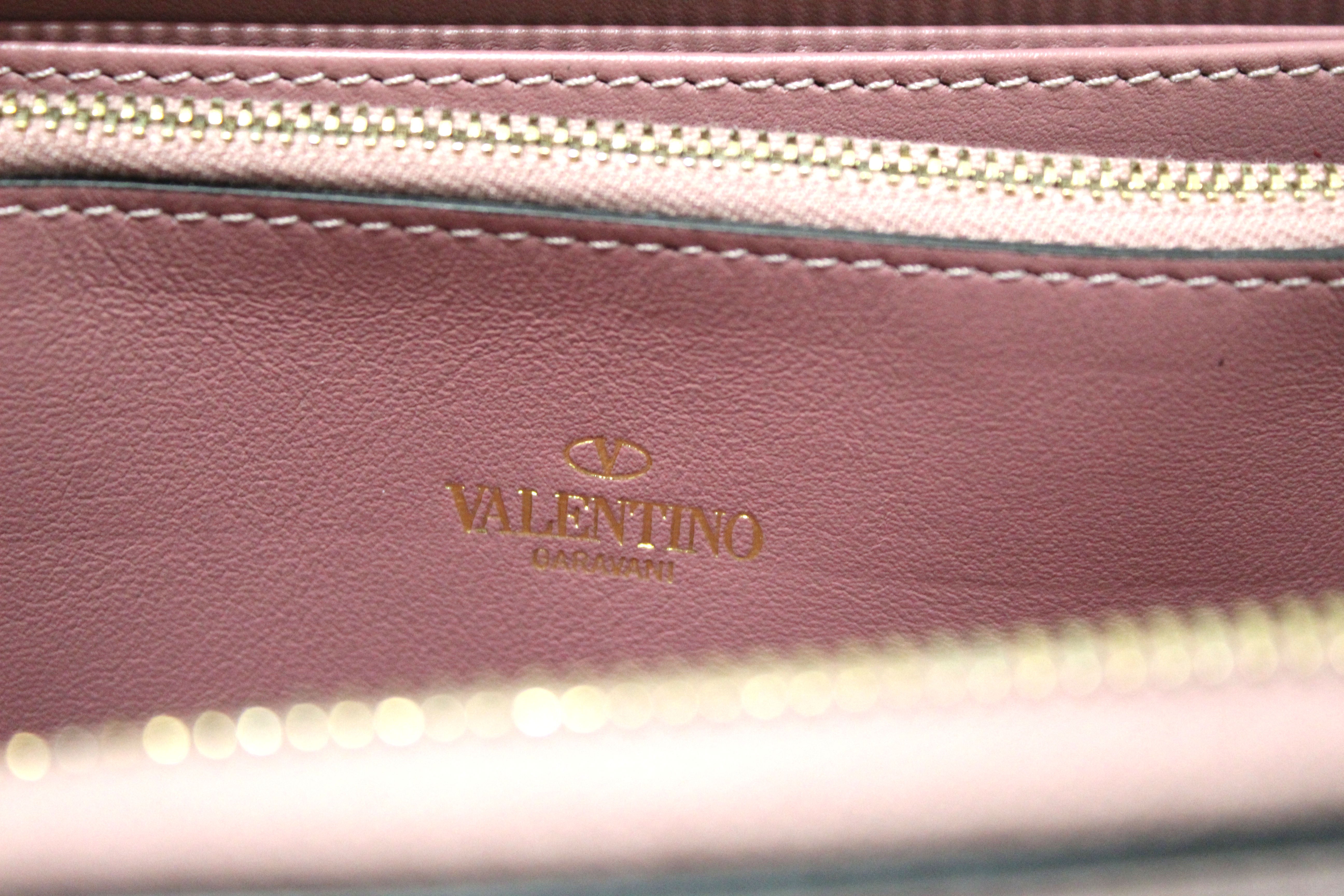 Authentic Valentino Garavani Rose Calfskin Rockstud Zippered Long Wallet