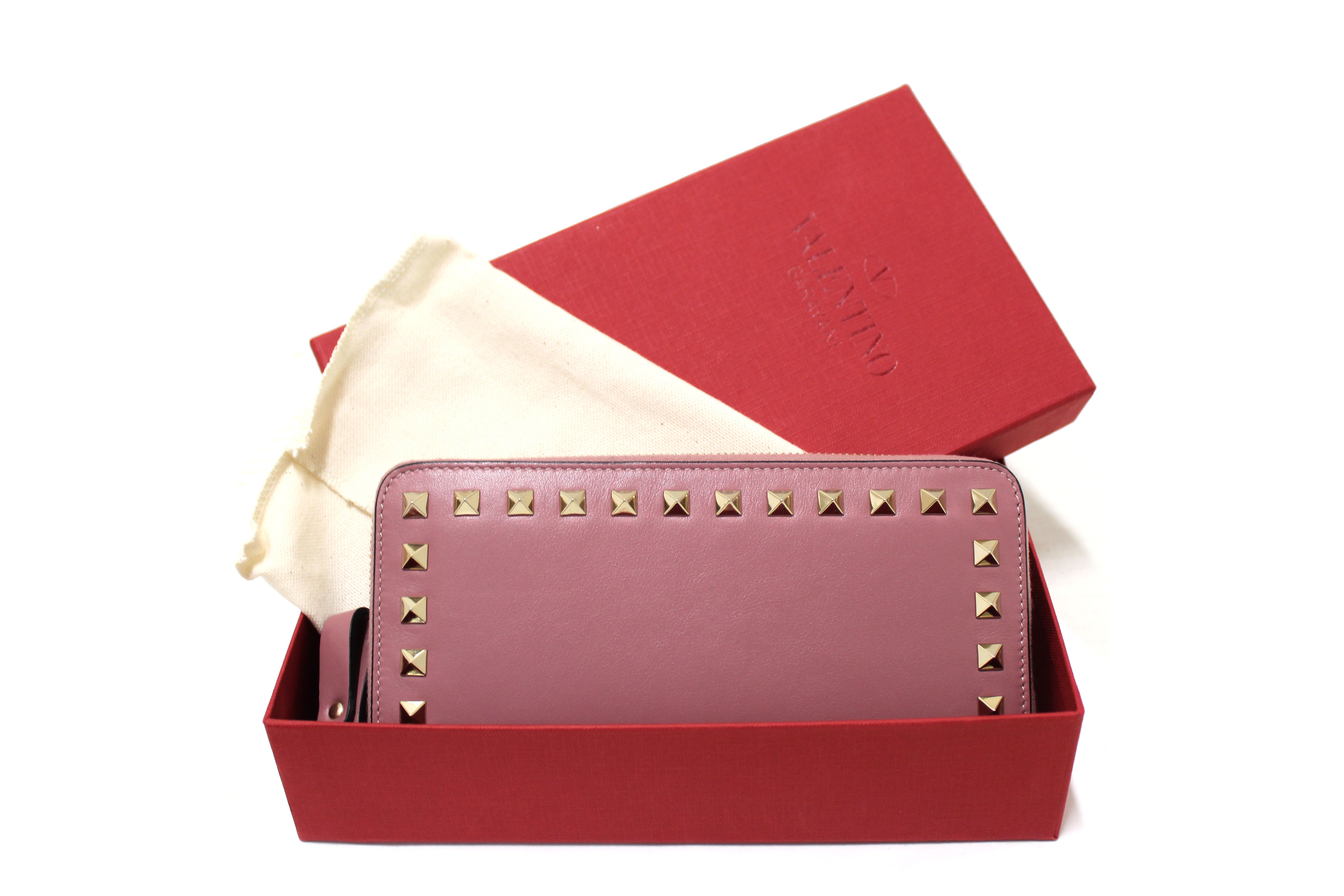 Authentic Valentino Garavani Rose Calfskin Rockstud Zippered Long Wallet