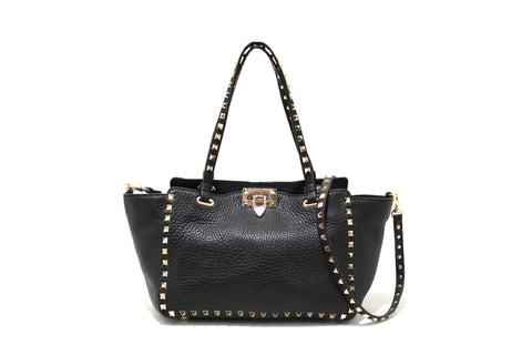 Authentic New Valentino Black Small Rockstud Calfskin Leather Tote Shoulder Bag