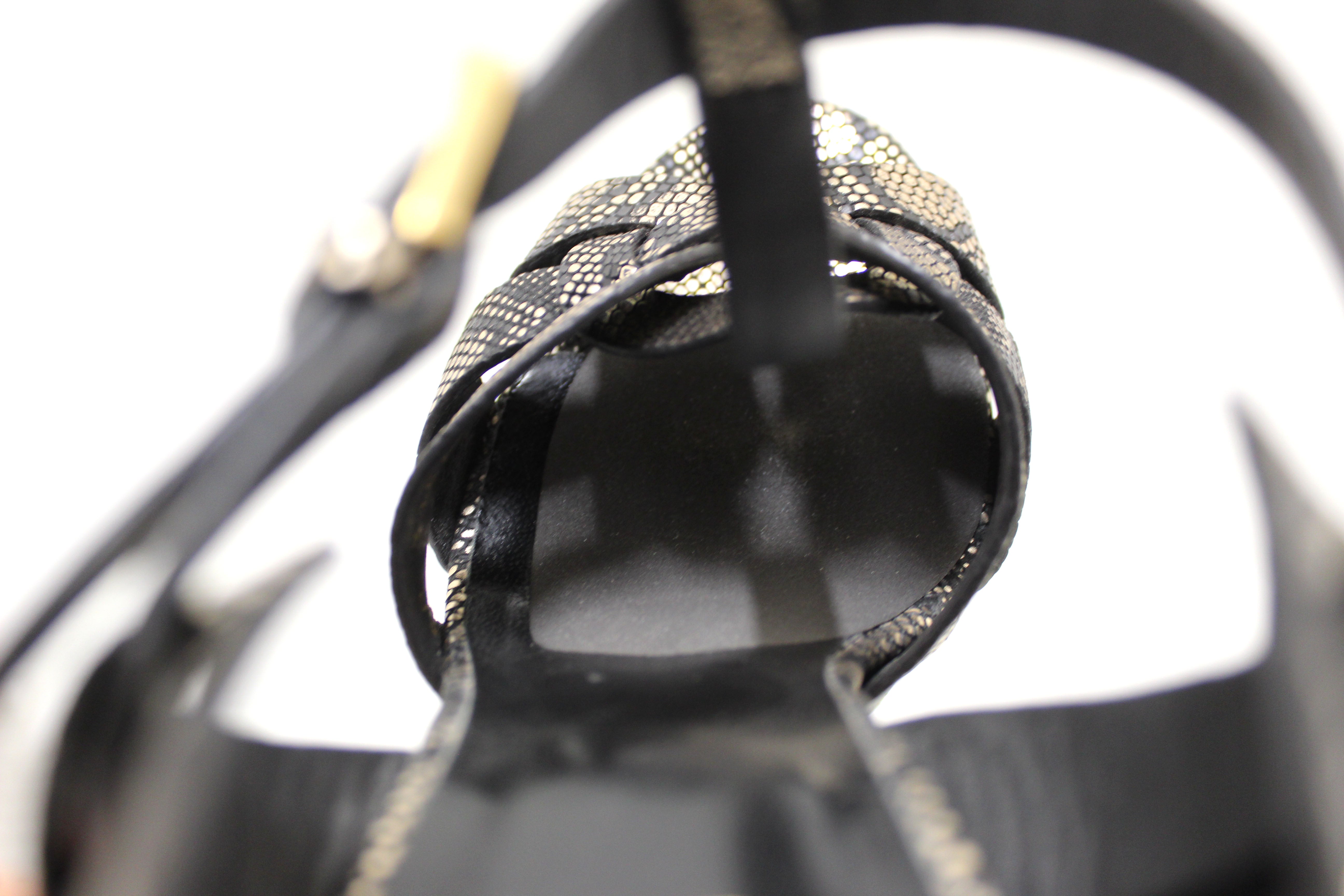 Authentic Saint Laurent Metallic Black/Gold Python Embossed Leather Tribute Platform Sandals Size 39