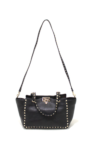 Authentic New Valentino Black Small Rockstud Calfskin Leather Tote Shoulder Bag