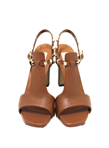 Authentic Valentino Garavani Brown Leather Rockstud T-Strap Block Heel Size 38.5