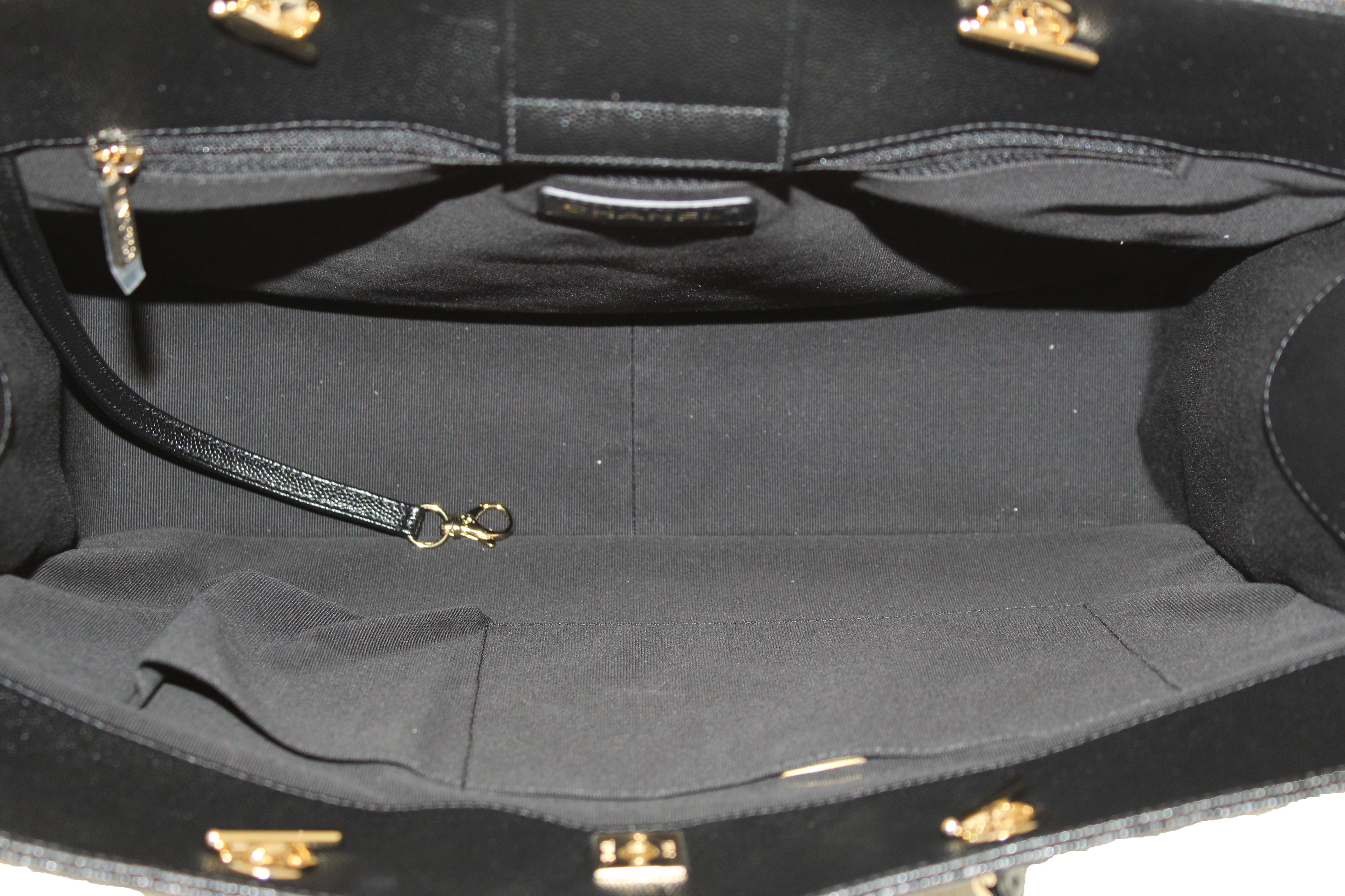 Authentic Chanel Black Quilted Caviar Leather Large Shopping Tote Bag