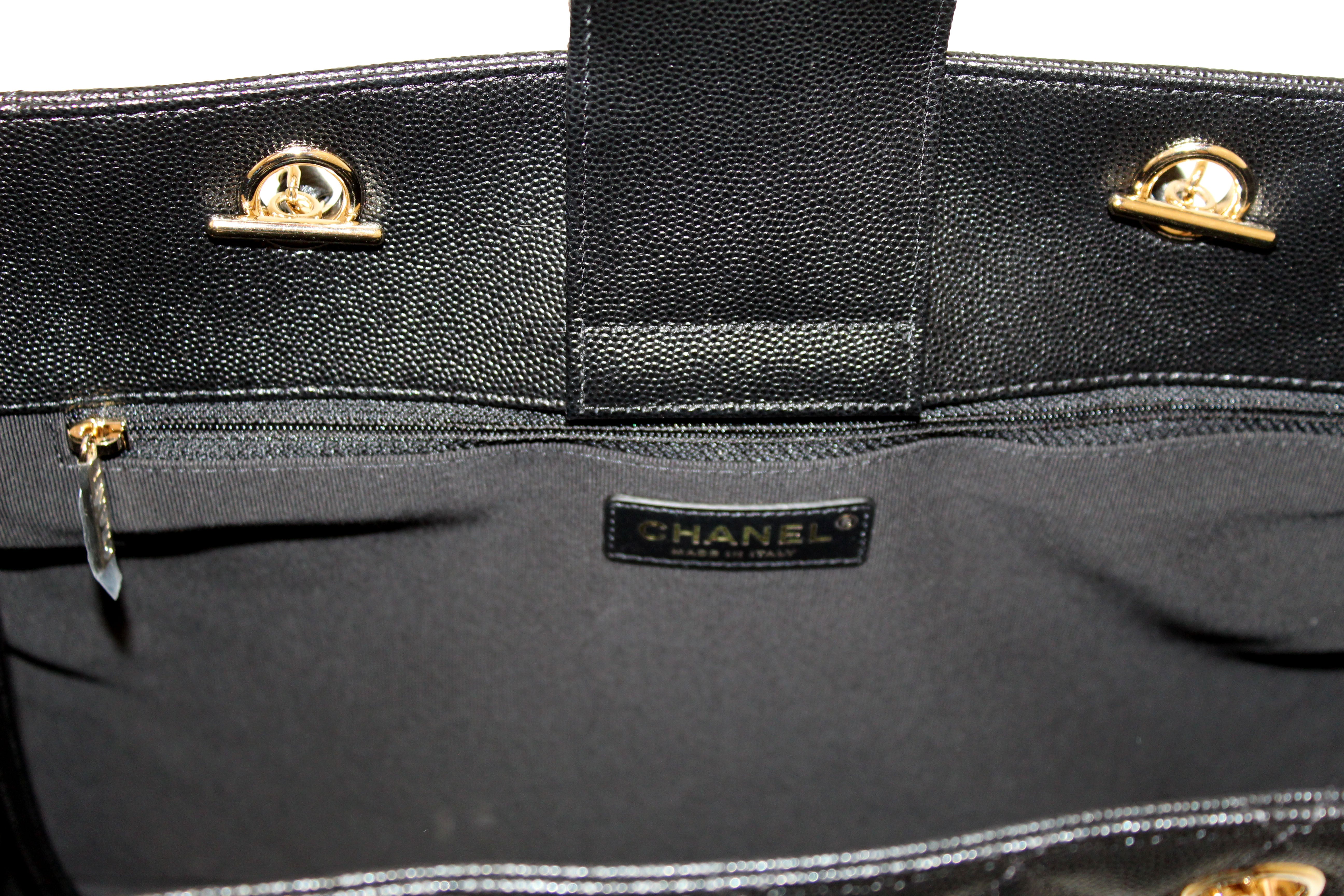 Authentic Chanel Black Quilted Caviar Leather Large Shopping Tote Bag