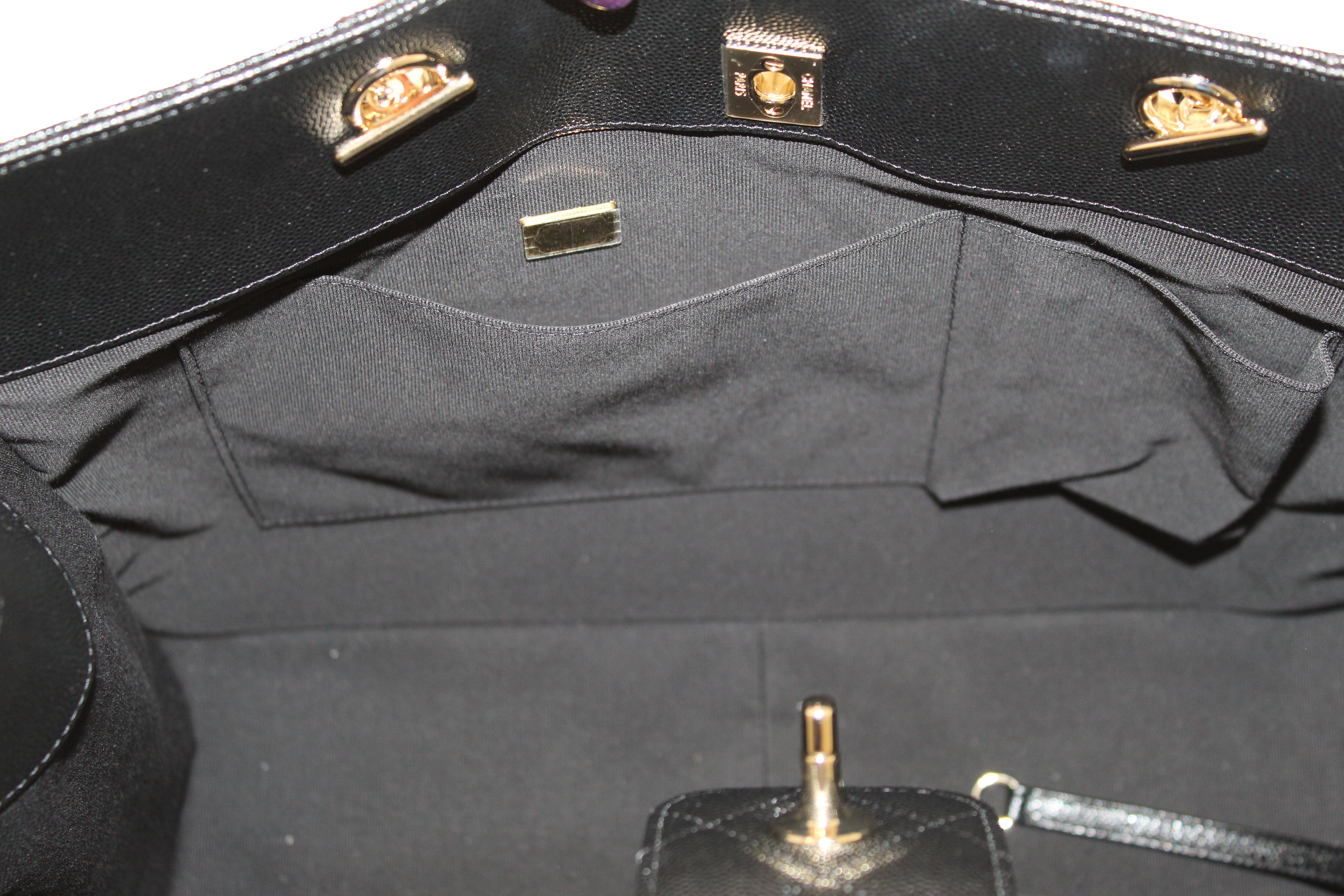 Authentic Chanel Black Quilted Caviar Leather Large Shopping Tote Bag