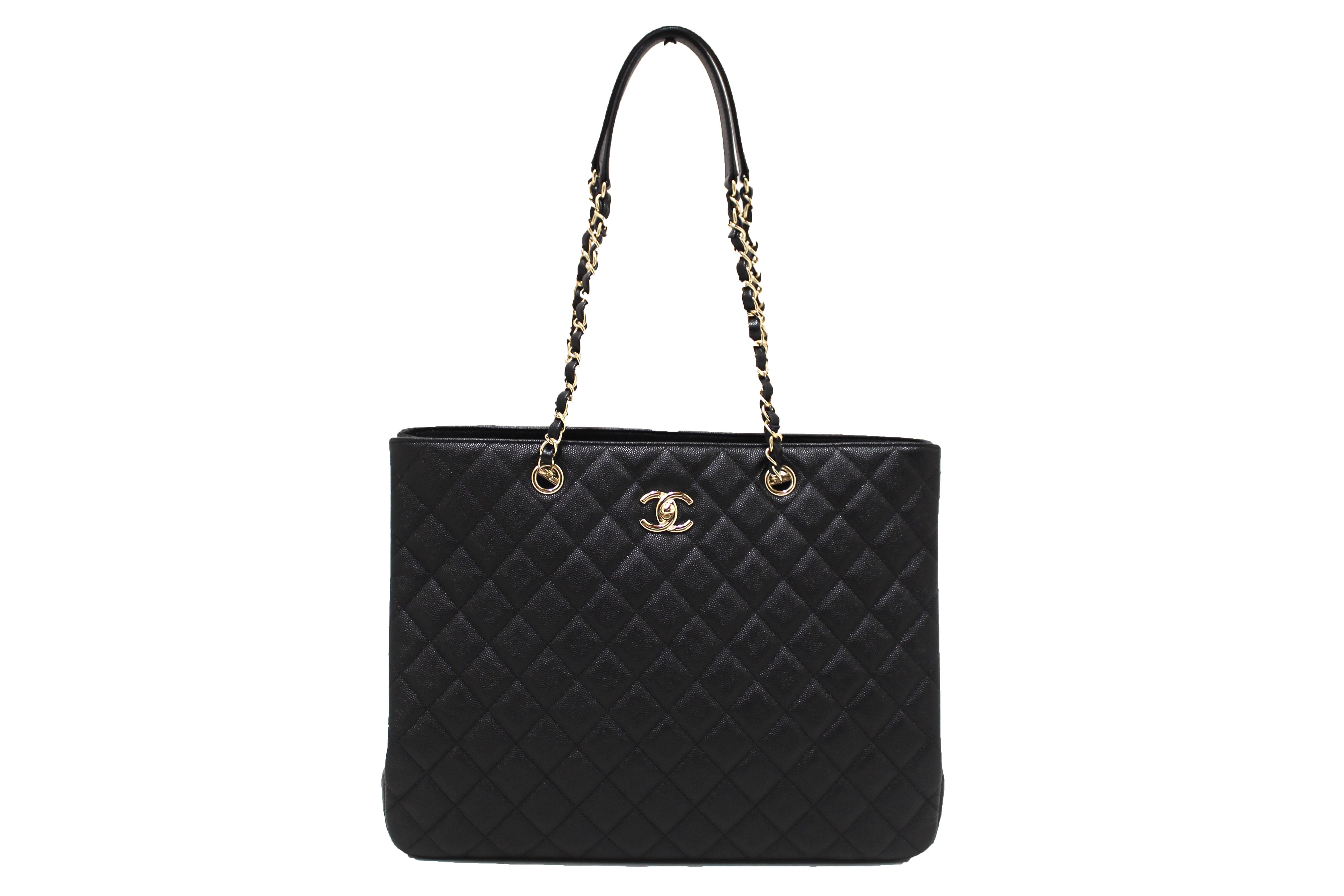 Authentic Chanel Black Quilted Caviar Leather Large Shopping Tote Bag