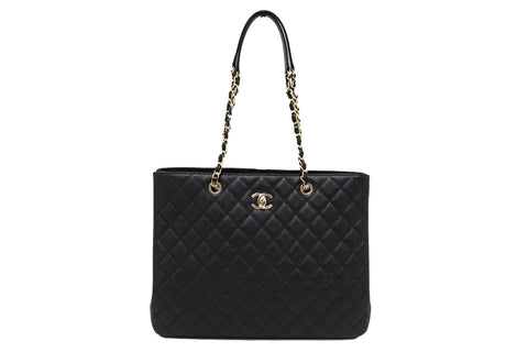 Authentic Chanel Black Quilted Caviar Leather Large Shopping Tote Bag