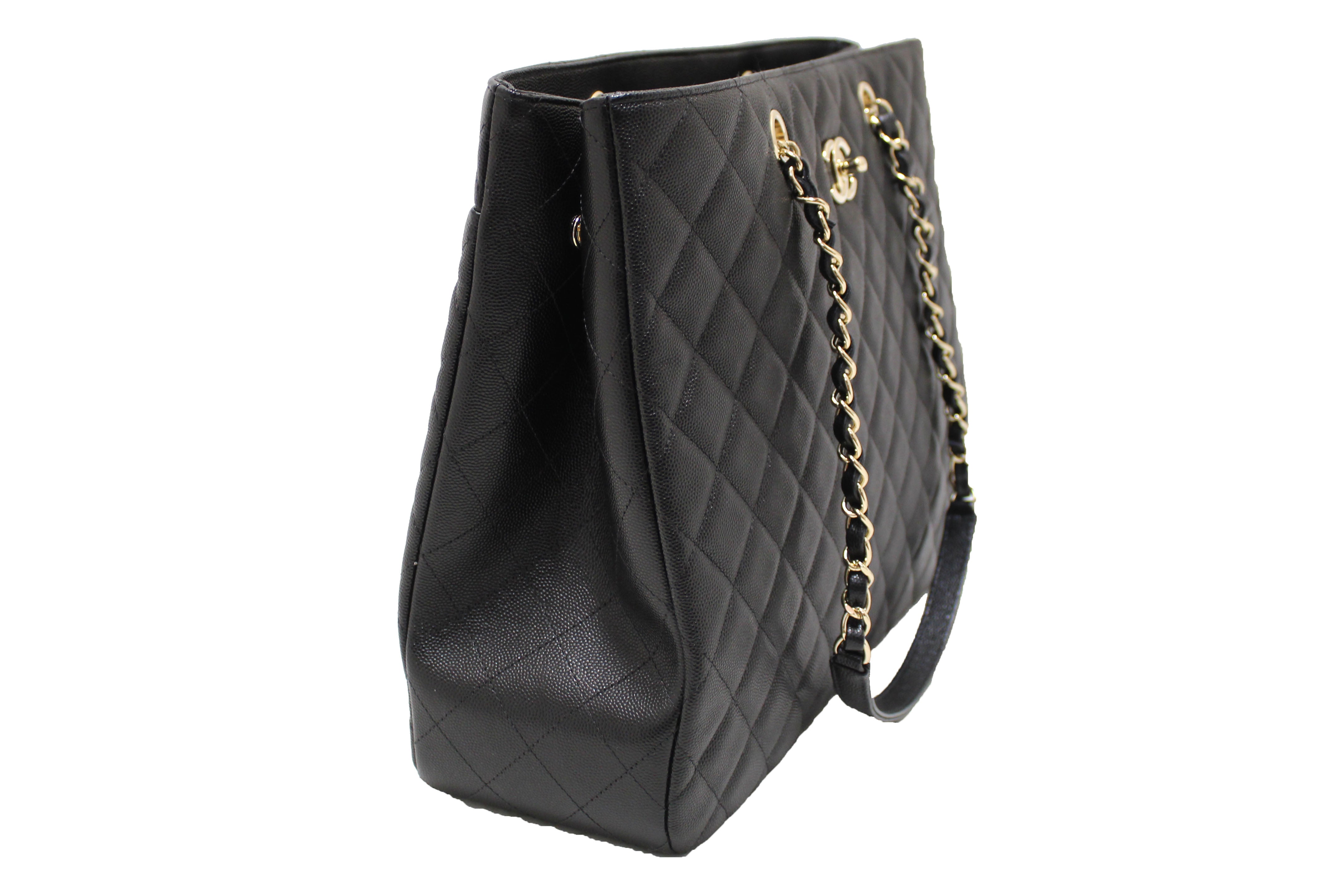 Authentic Chanel Black Quilted Caviar Leather Large Shopping Tote Bag