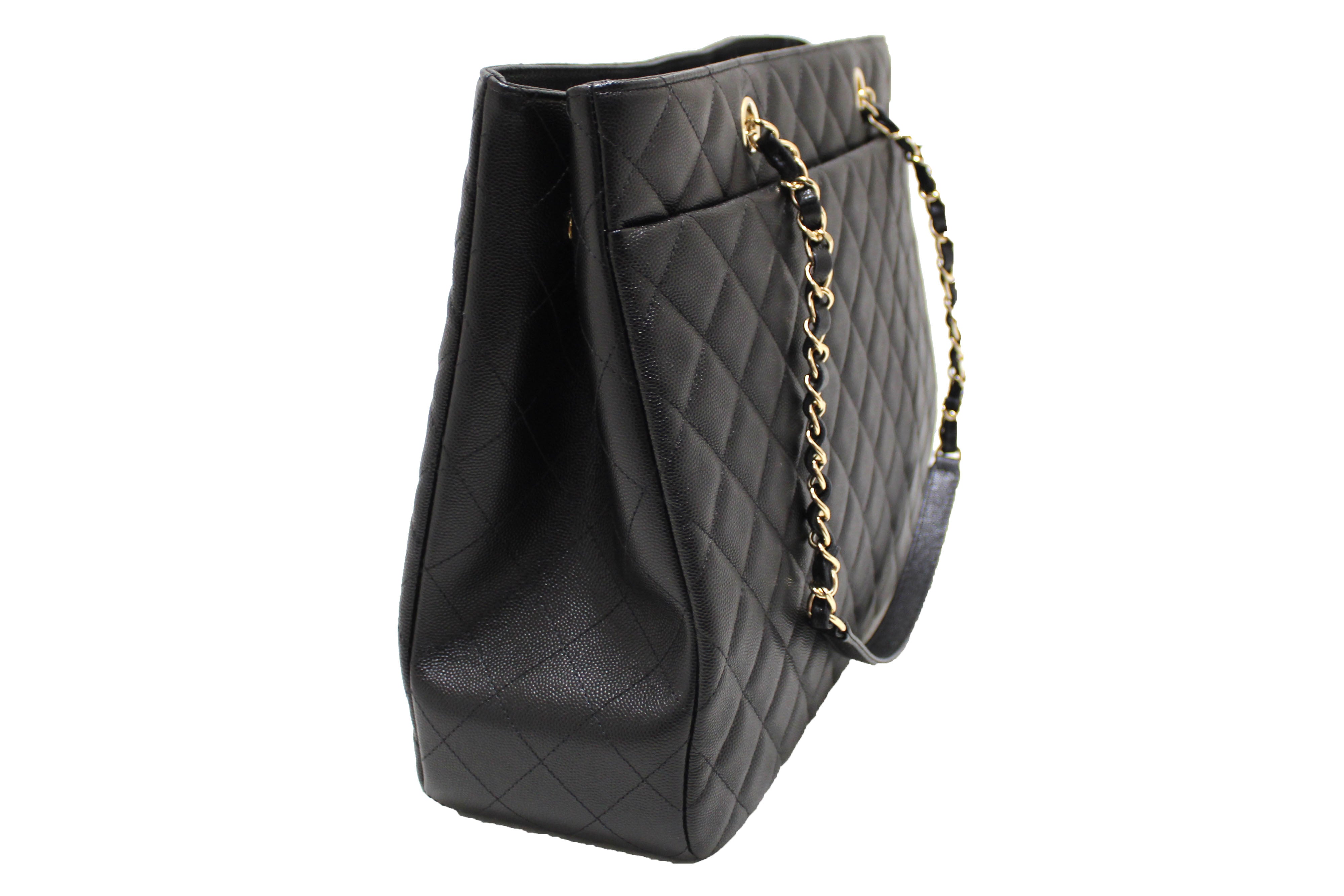 Authentic Chanel Black Quilted Caviar Leather Large Shopping Tote Bag
