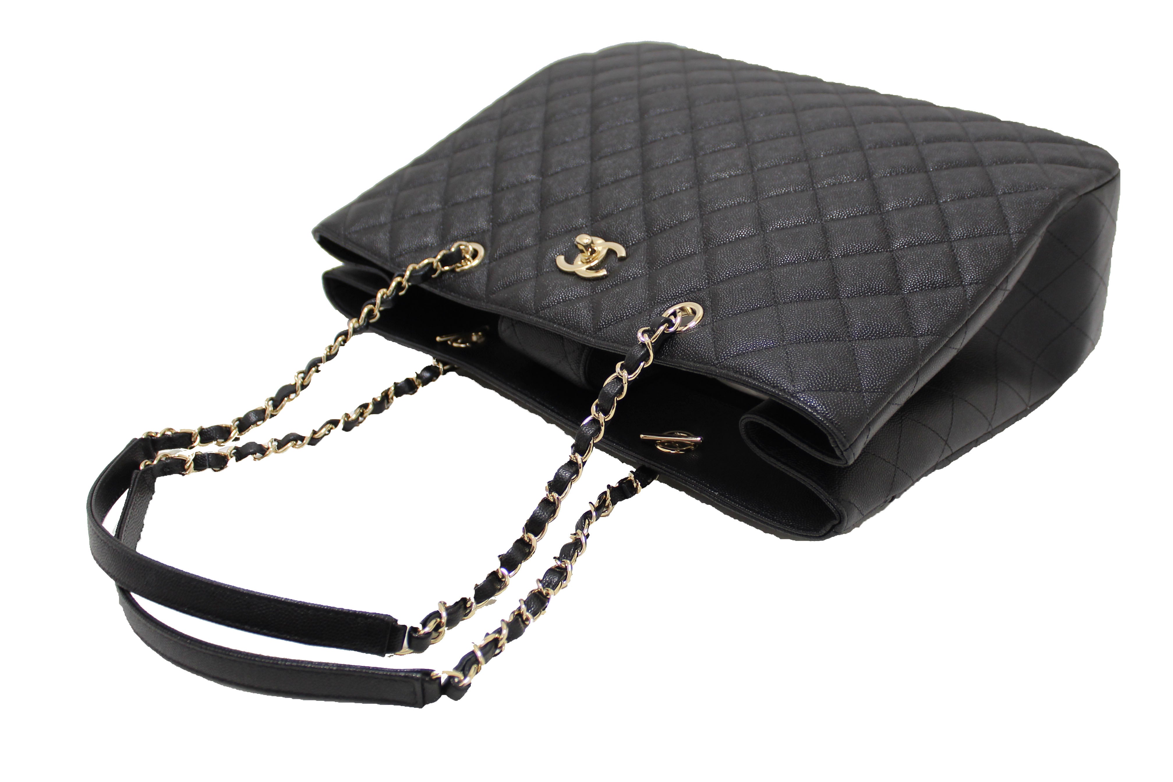 Authentic Chanel Black Quilted Caviar Leather Large Shopping Tote Bag