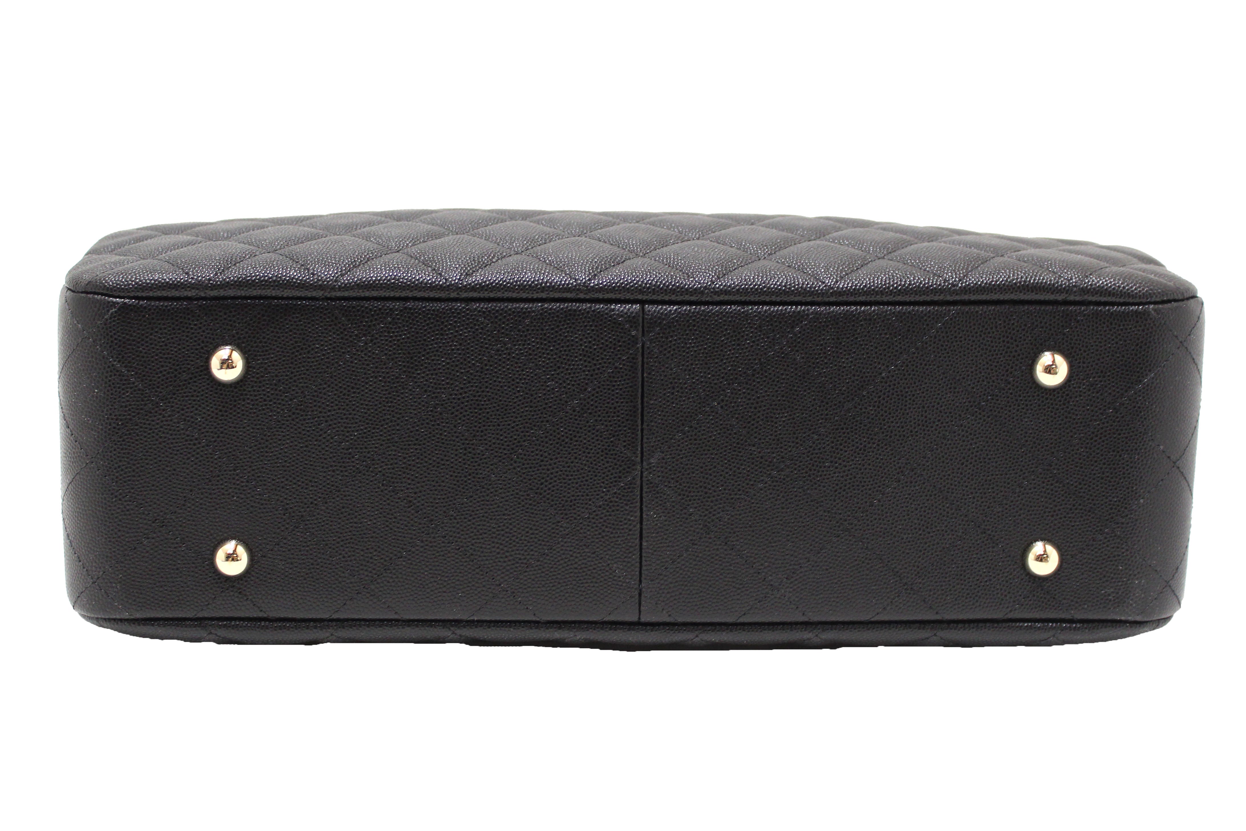 Authentic Chanel Black Quilted Caviar Leather Large Shopping Tote Bag