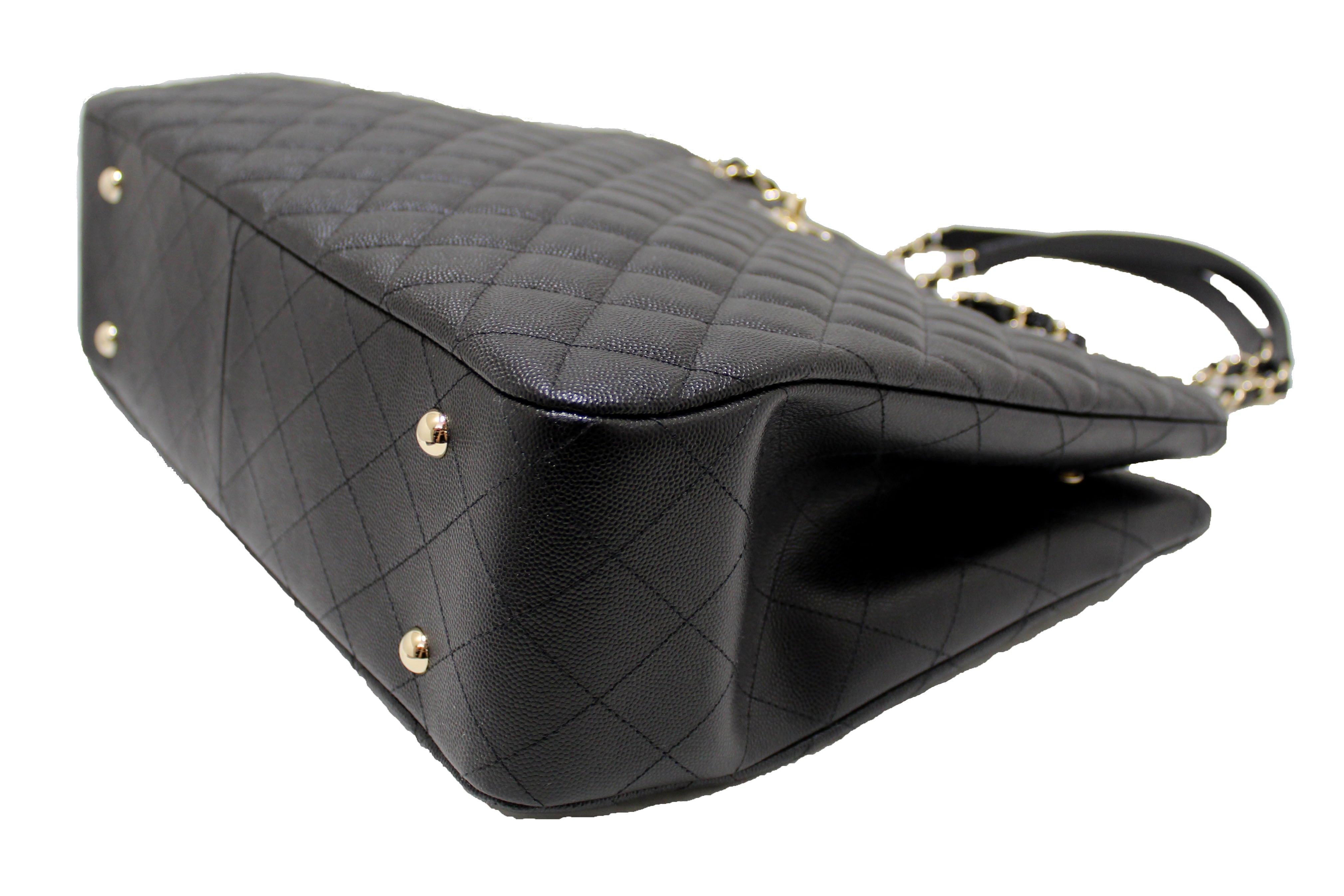 Authentic Chanel Black Quilted Caviar Leather Large Shopping Tote Bag