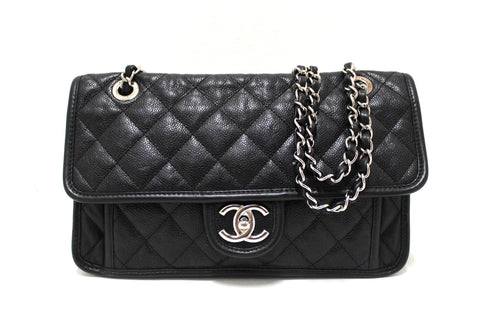 Authentic Chanel Black Quilted Caviar Leather Riviera Flap Shoulder Bag