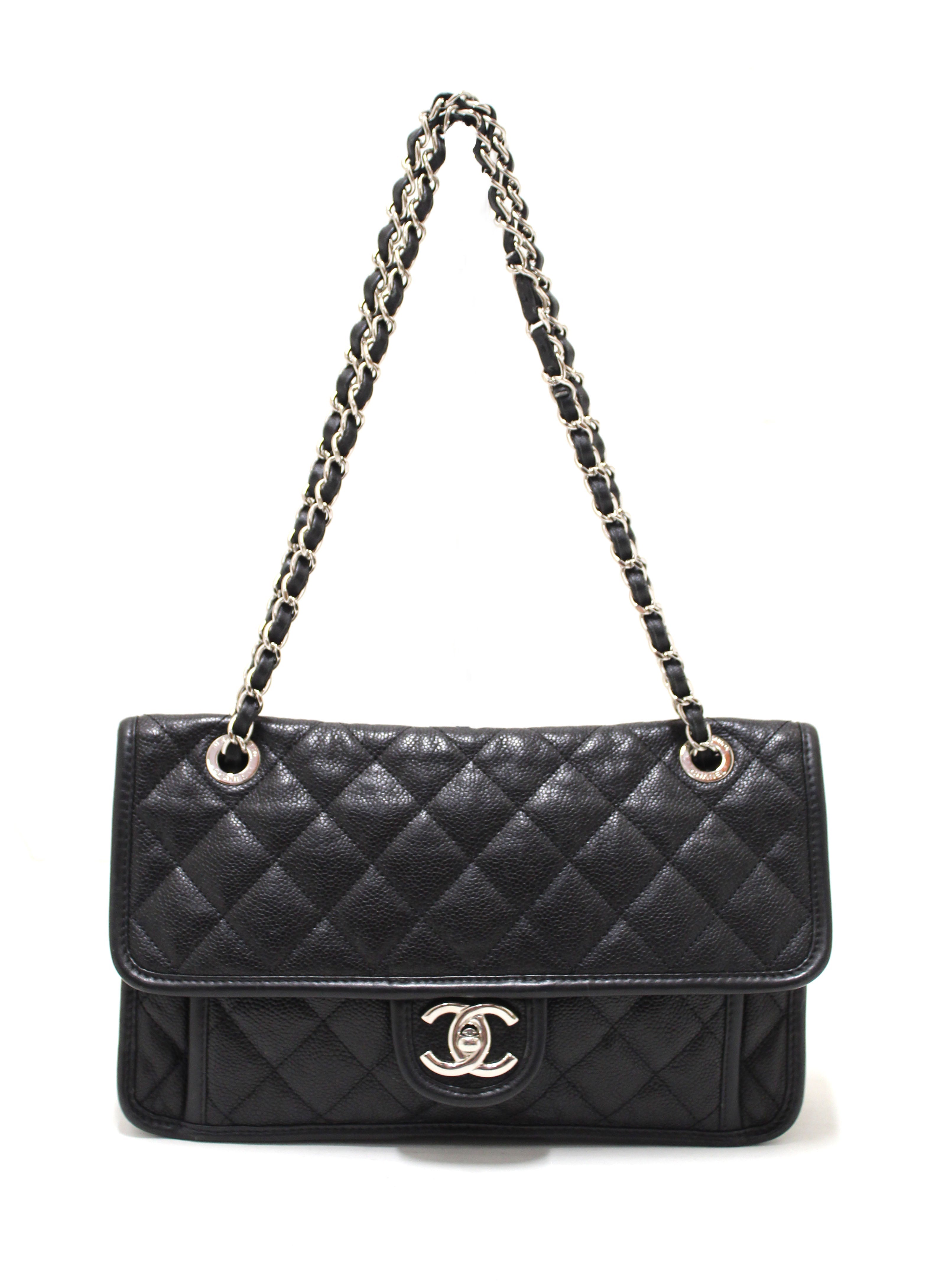Authentic Chanel Black Quilted Caviar Leather Riviera Flap Shoulder Bag