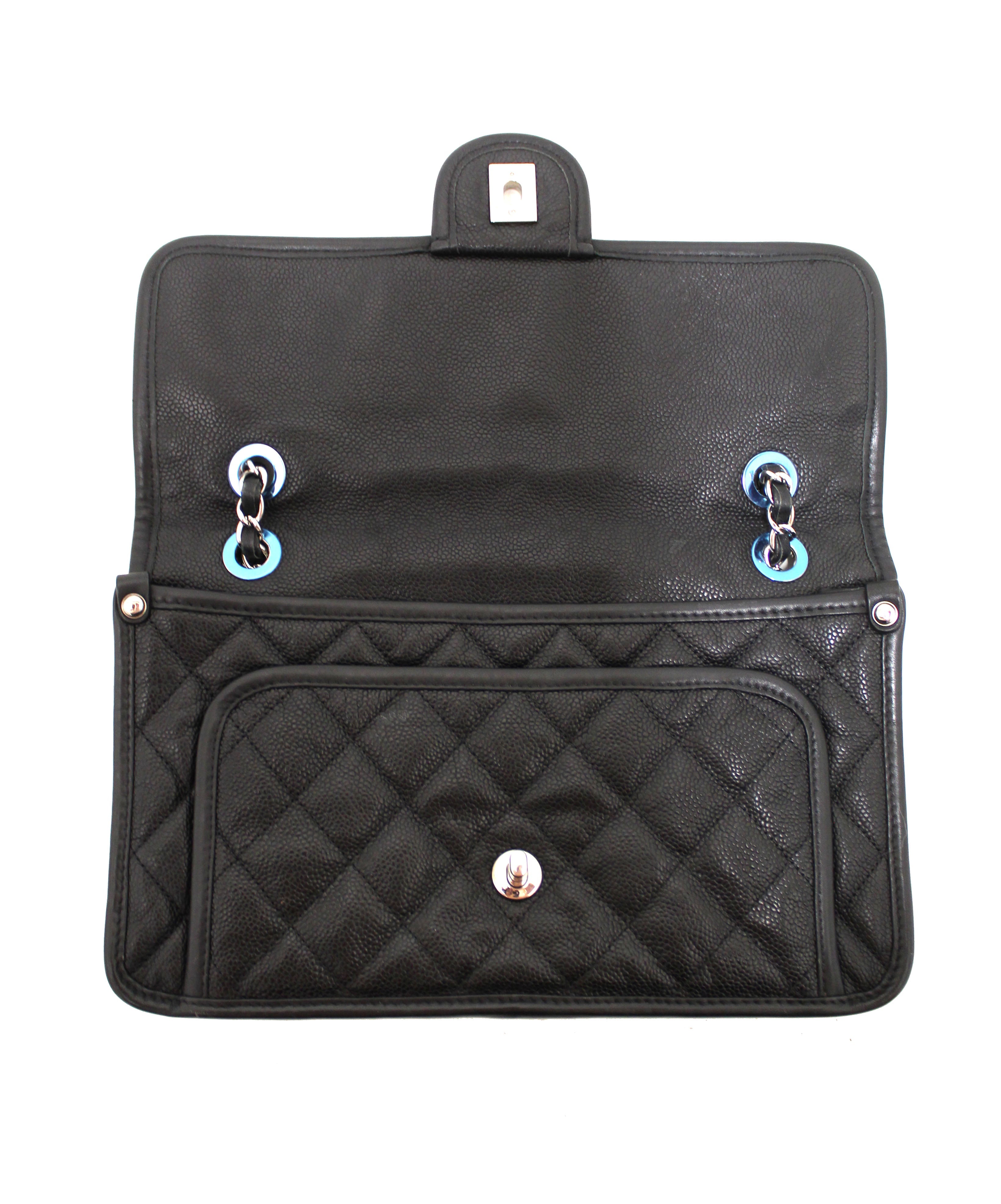 Authentic Chanel Black Quilted Caviar Leather Riviera Flap Shoulder Bag