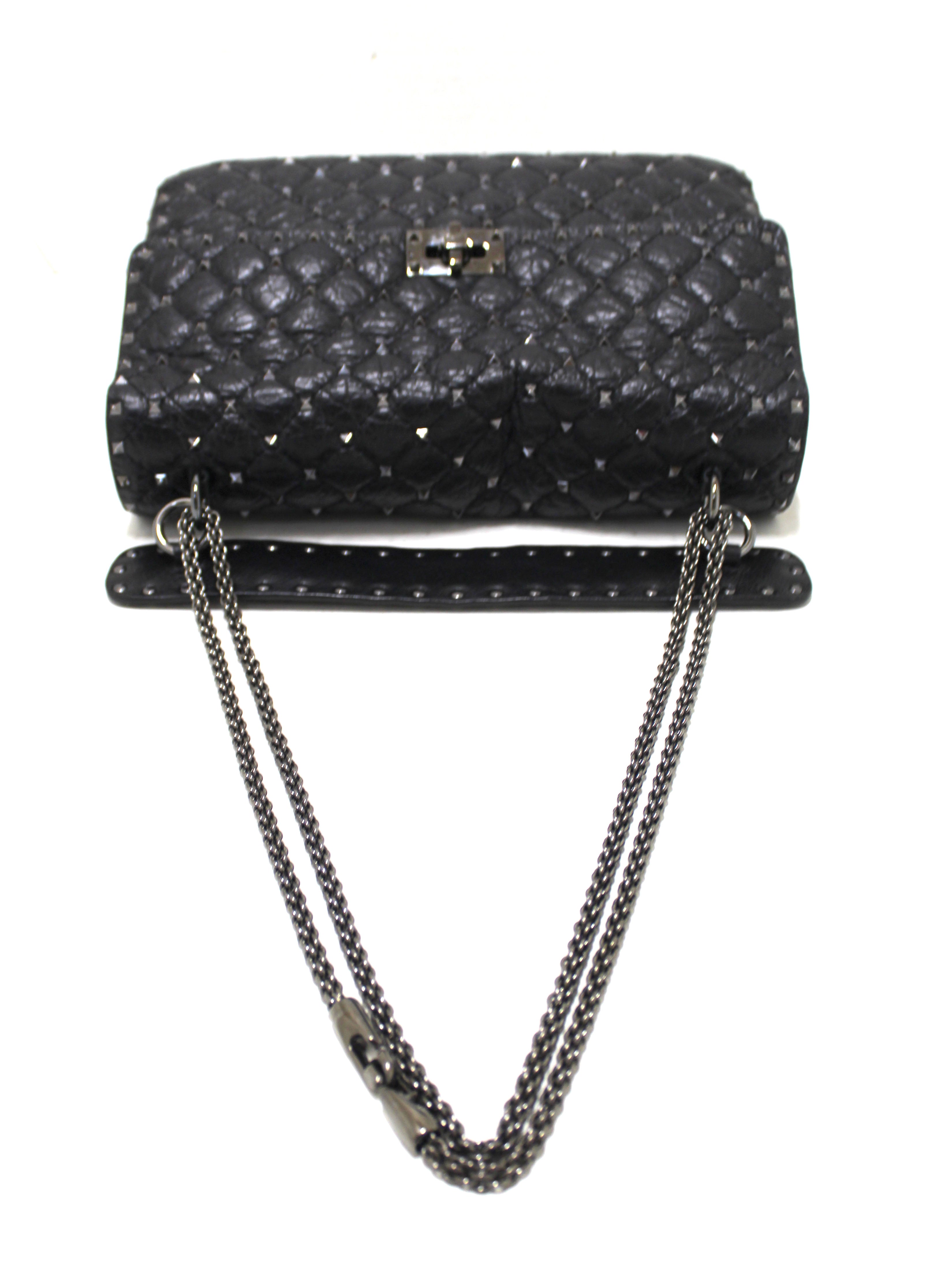 Authentic Valentino Garavani Black Quilted Nappa Leather Rockstud Spike Large Shoulder Bag