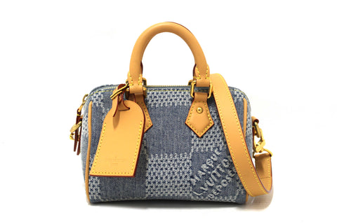 Authentic Louis Vuitton Damier Denim 3D Cotton Canvas Speedy 18 Bandoulière Bag