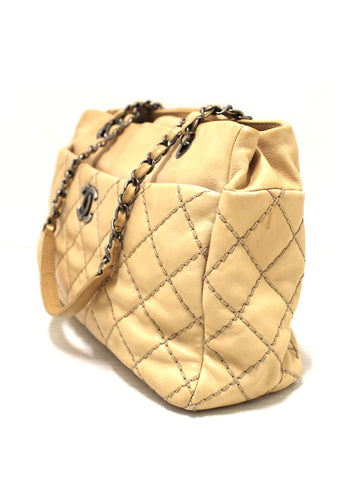 Authentic Chanel 31 Rue Cambon Paris Beige Stitched Quilted Lambskin Leather Tote Shoulder Bag