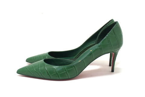 Authentic Christian Louboutin Green Crocodile Leather Pointed Toe Stiletto Heel size 38.5