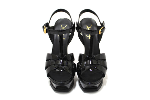 Authentic Yves Saint Laurent YSL Black Patent Leather Tribute Platform Sandals Size 34.5