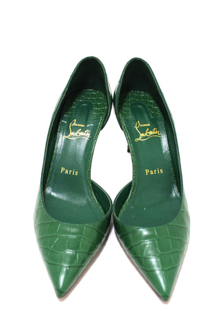 Authentic Christian Louboutin Green Crocodile Leather Pointed Toe Stiletto Heel size 38.5