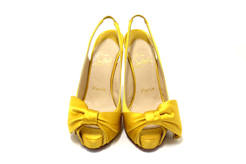 Authentic Christian Louboutin Yellow Satin Bow T Dorcet Peep Toe Pumps Size 35