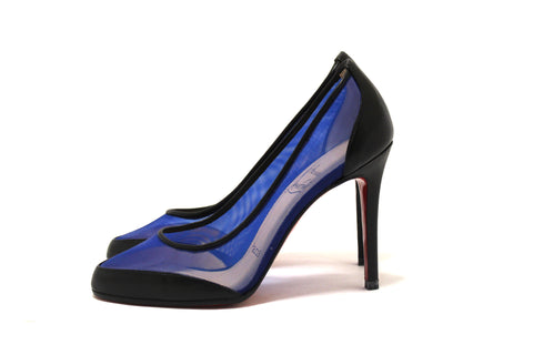Authentic Christian Louboutin Galativi Black Leather and Blue Mesh Pointed Toe Stiletto Heel Size 34.5
