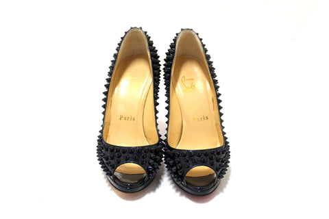 Authentic Christian Louboutin Blue Patent Leather Yolanda Spikes Peep Toe Pumps Size 34.5