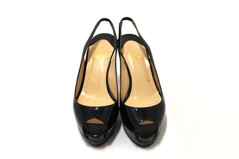 Authentic Christian Louboutin Blue Patent Leather Lady Peep Toe Platform Pumps Size 34.5