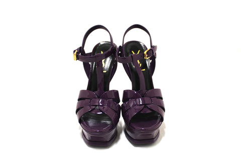 Authentic Yves Saint Laurent YSL Purple Patent Leather Tribute Platform Sandals Size 34