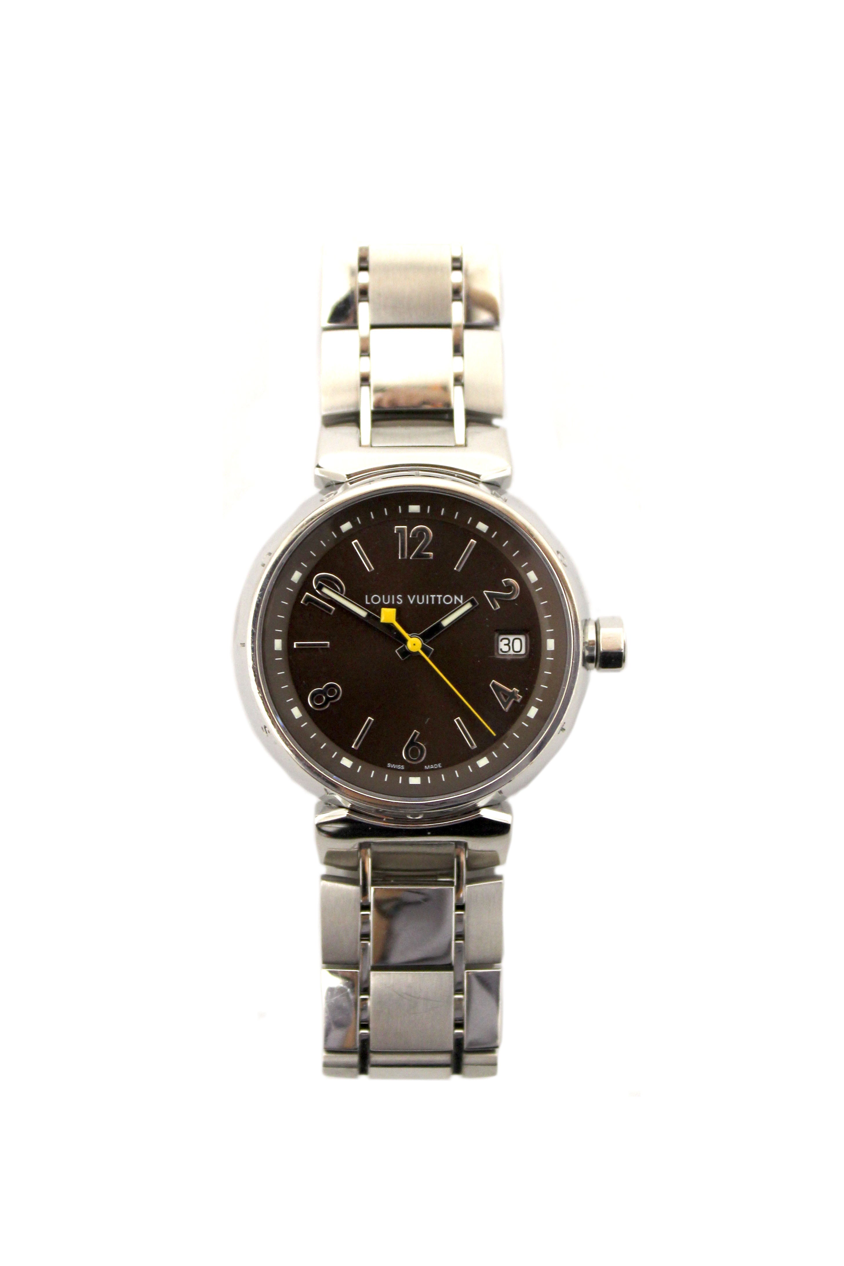 Authentic Louis Vuitton Tambour Quartz Watch in Brown Steel